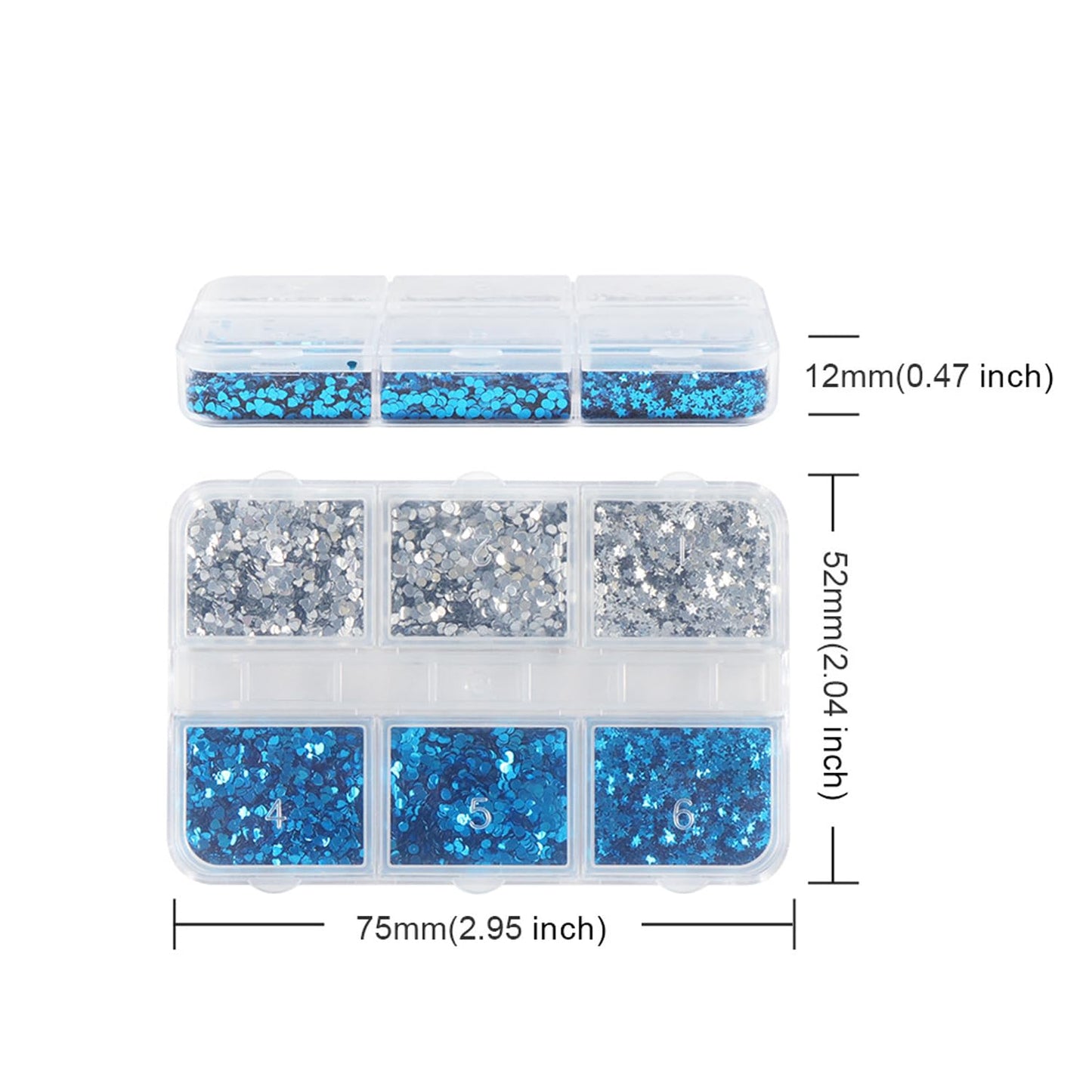 Summer Nail Glitters 6-Grid 1mm Mini Blue Silver Nail Glitter Flake Kit, Mini Mixed Glitter Mail Art, 3D Holographic Sparkly Heart Star Round Design Nail Sequins Paillette for Women Manicure DIY Decor