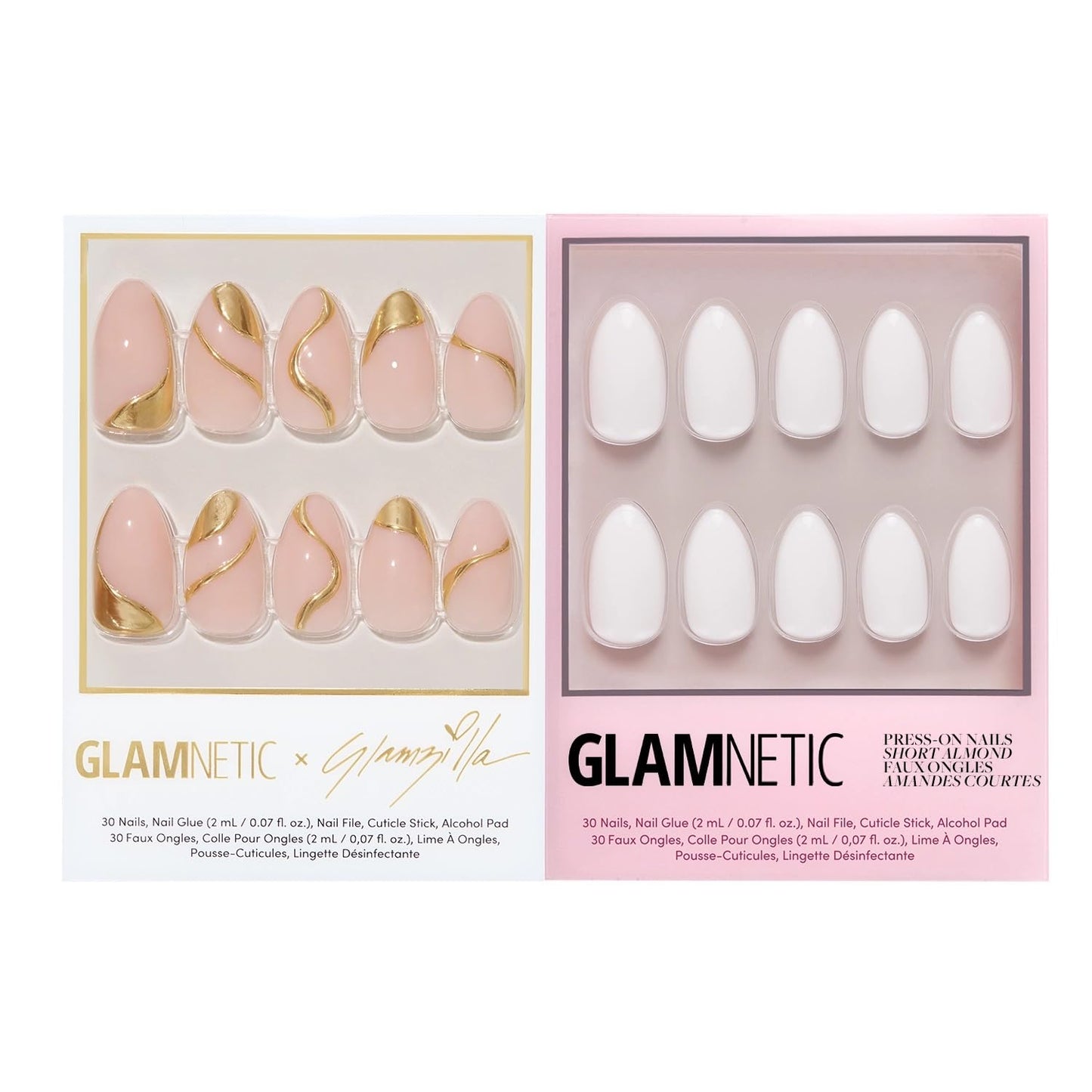 Glamnetic x GLAMZILLA Press-On Nails Bundle - I AM A RICH MAN? & Angel | Short Almond Fake Nails with Gold Foil | Opaque White Short Almond Nails | Durable, Salon-Quality Nail Kits