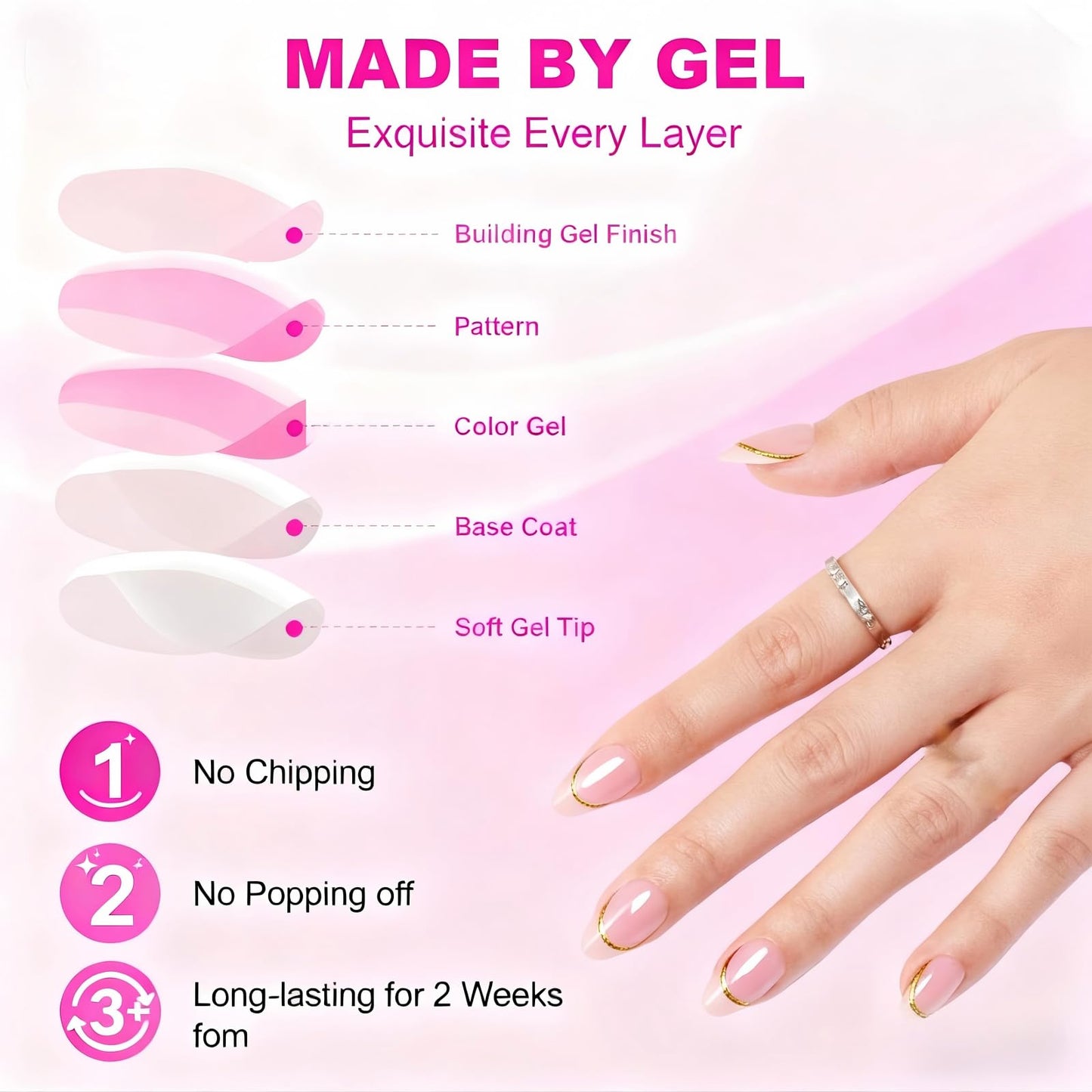 30PCS Almond Press On Nails with Gold Edge, Short Full Cover Fake Nails with Adhesive Tabs, Reusable Press On Nails for Women & Girls, Valentine’s Day Gift