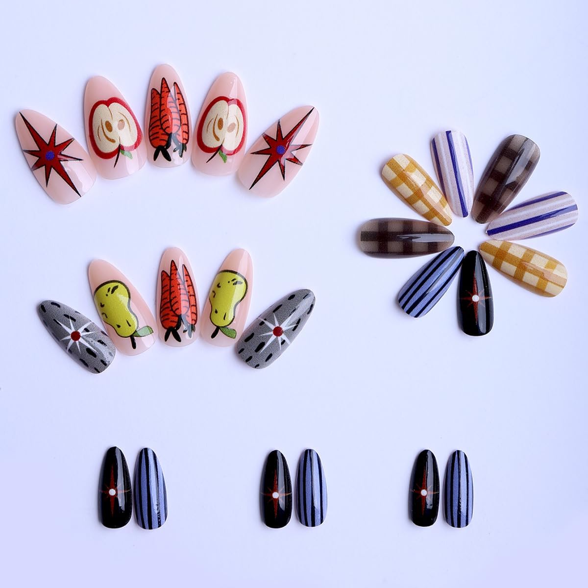 plalely Almond Press on Nails Long Funny Fake NailCute Pear and Carrot Print Acrylic Nail Press ons Funny Stripes Stick on Nails for Women 24pcs