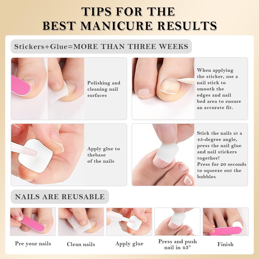 evpct French Press on Toenails Short Square, Summer Nude Brown + White Tip French Toe Nails Press ons Short Light Perfectly Fit Fake Toenails for Women with Kits Gel Stick, Fake Toenail Kit 32Pcs