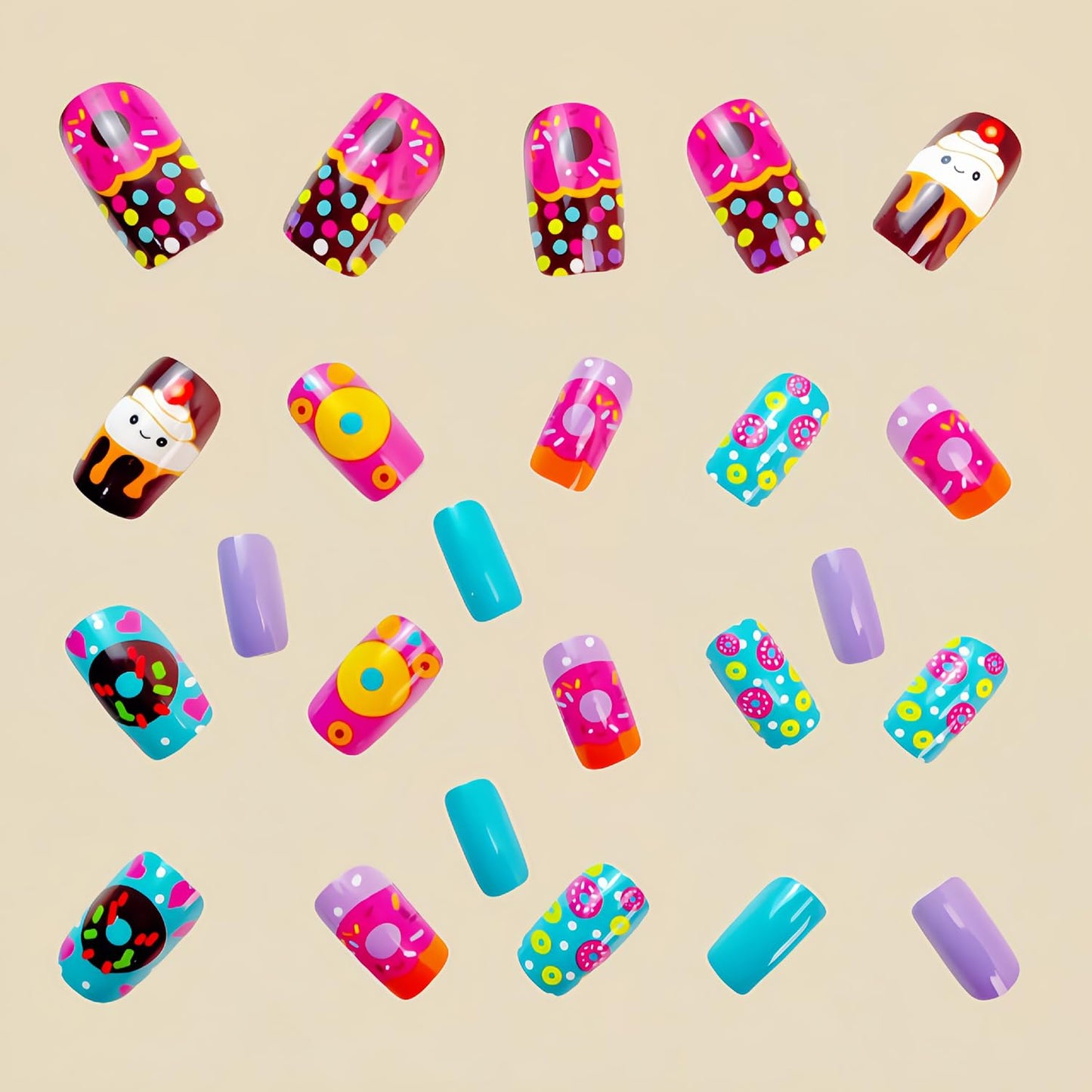 Cute Donut & Cupcake Themed Press on Nails Medium Coffin Shaped Fake Nails with Color Designs Square Press on False Nails Glossy Acrylic Nails Spring Summer Stick on Nail Art for Women Girls 24Pcs