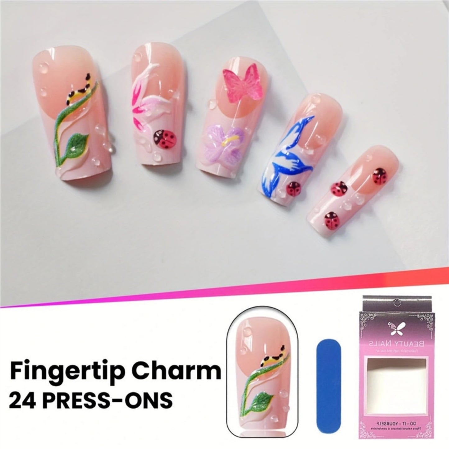 Square Press on Nails Long Fake Nails French Tip White Artificial Nail with 3D Flowers Designs Cute Pink Floral Stick on Nail for Women 24pcs