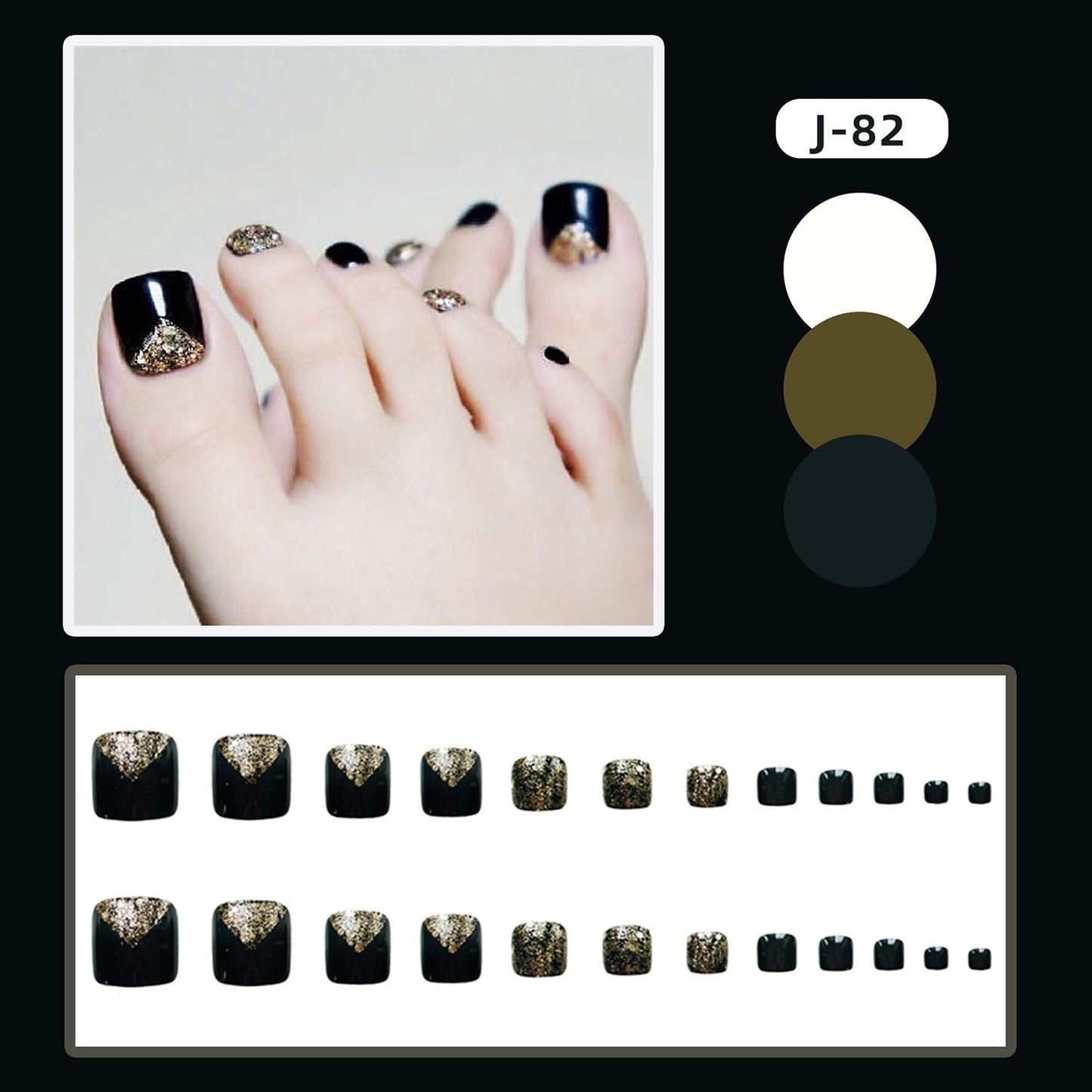 Vezocim Black False Nails Sets, Press on Toenails Coffin with Gold Glitter Designs, Full Cover Artificial Acrylic Fake Nails for Toe, Glue on Toenails with Charm, Stick on Toe Nails for Women