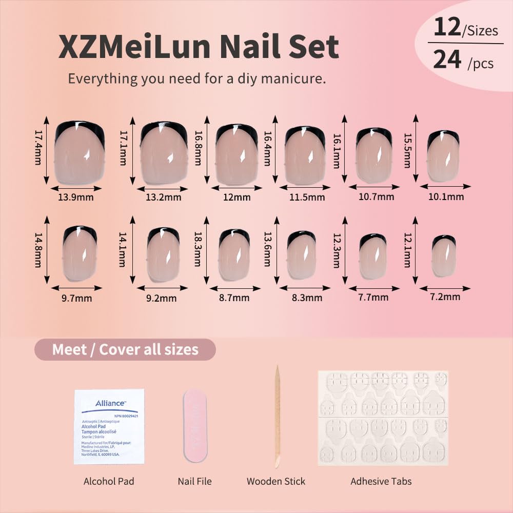 XZMeiLun Black French Tip Press On Nails, Ultra Short Square Shape, Classic Reusable Acrylic Fake Nails, Glossy Salon Quality False Nails for Women & Girls, Daily & Party Daily Wear, 15/30 Pcs.