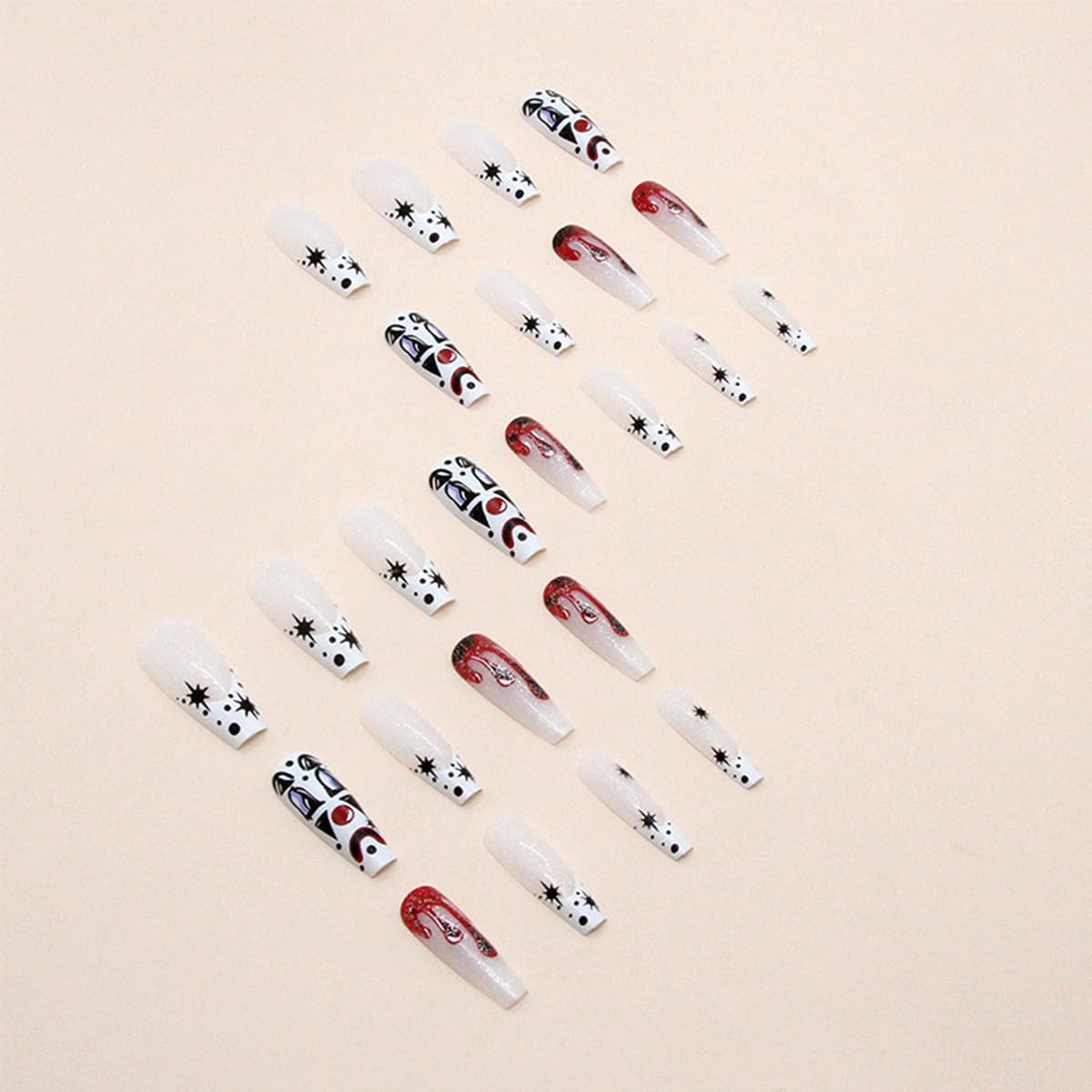 24 Pcs Halloween Press on Nails Long Coffin Fake Nails White French Tip False Nails with Designs Ghost Clown Glossy Glue on Nail Full Cover Acrylic Stick on Nail for Women Girls Manicure