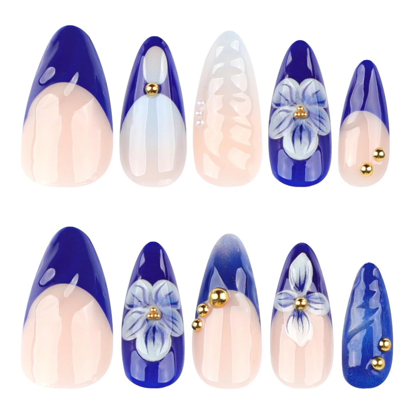 Blue French Tip Press on Nails Medium Almond Fake Nails 3D Gold Carved Ripple Flower Design French Nails Press on Full Cover Nude Stick on Nail Cute False Nail Floral Almond Shaped for Women