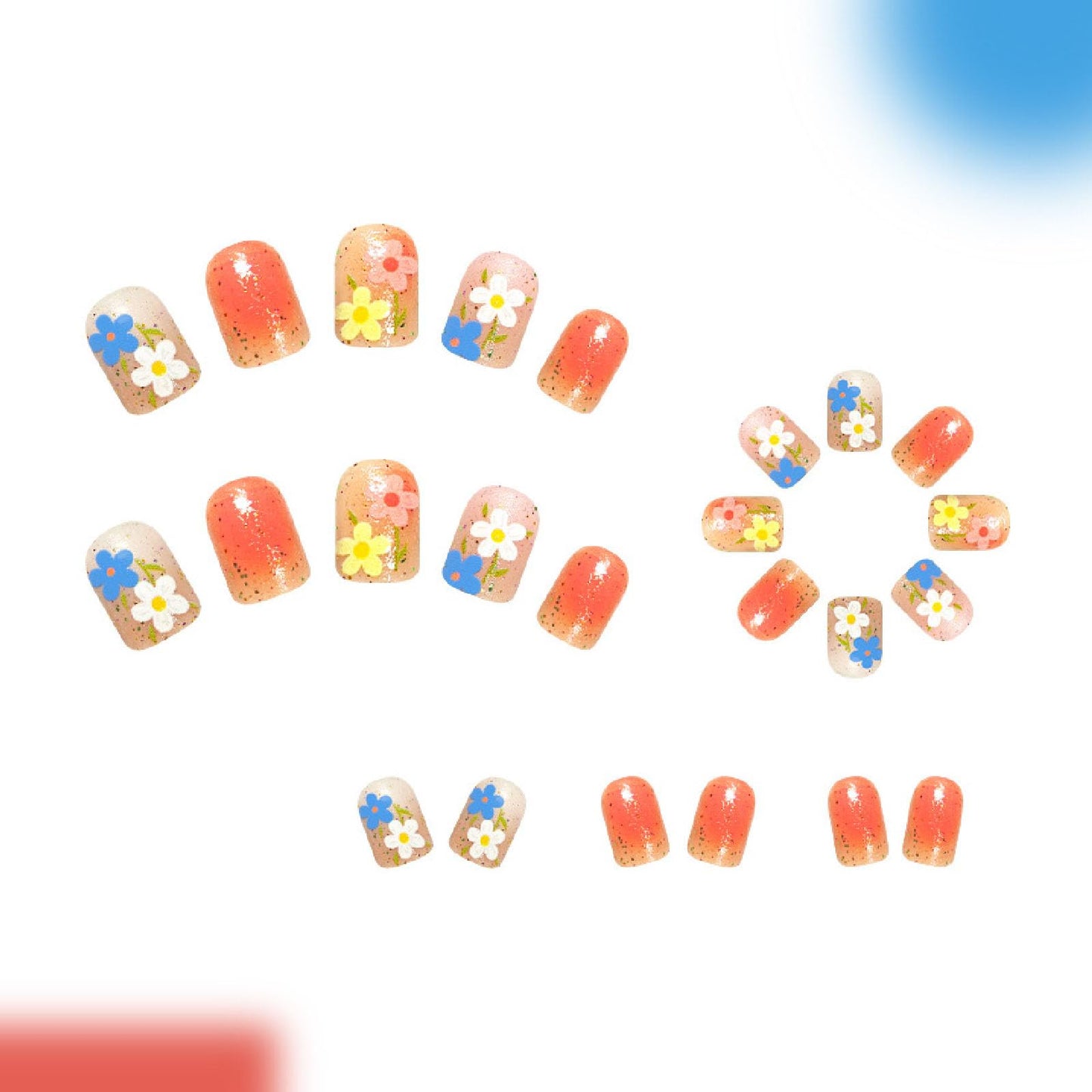Flower Press on Nails Short Square Fake Nails with Glitter Blending Full Cover Designs Nails Press ons Colorful Glue on Nails Spring Summer Stick on Nails for Women 24Pcs