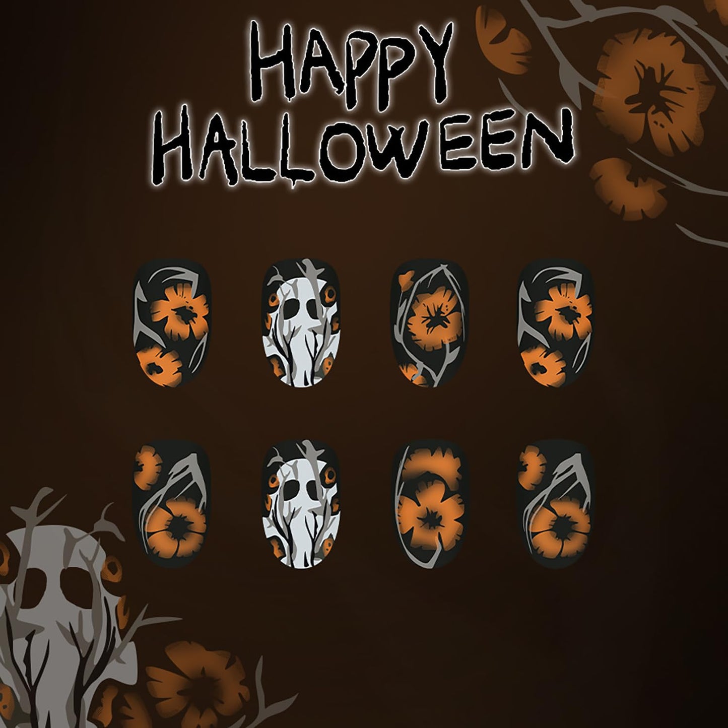 24Pcs Halloween Ghost Press on Nails Short Cute Ghost Flower Pattern Design Halloween Nail Full Cover Frosted Artificial Acrylic False Nail Black Oval Festival Stick on Nails for Women DIY Supplies