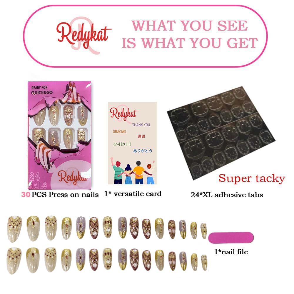 Redykat 30PCS Handmade Buccellati Press On Nails,Gold Chrome Press on Nails, Almond Salon Quality Nail art, Gold and Purple Cat Eye Gel Fake Nails (Golden Buccellati)