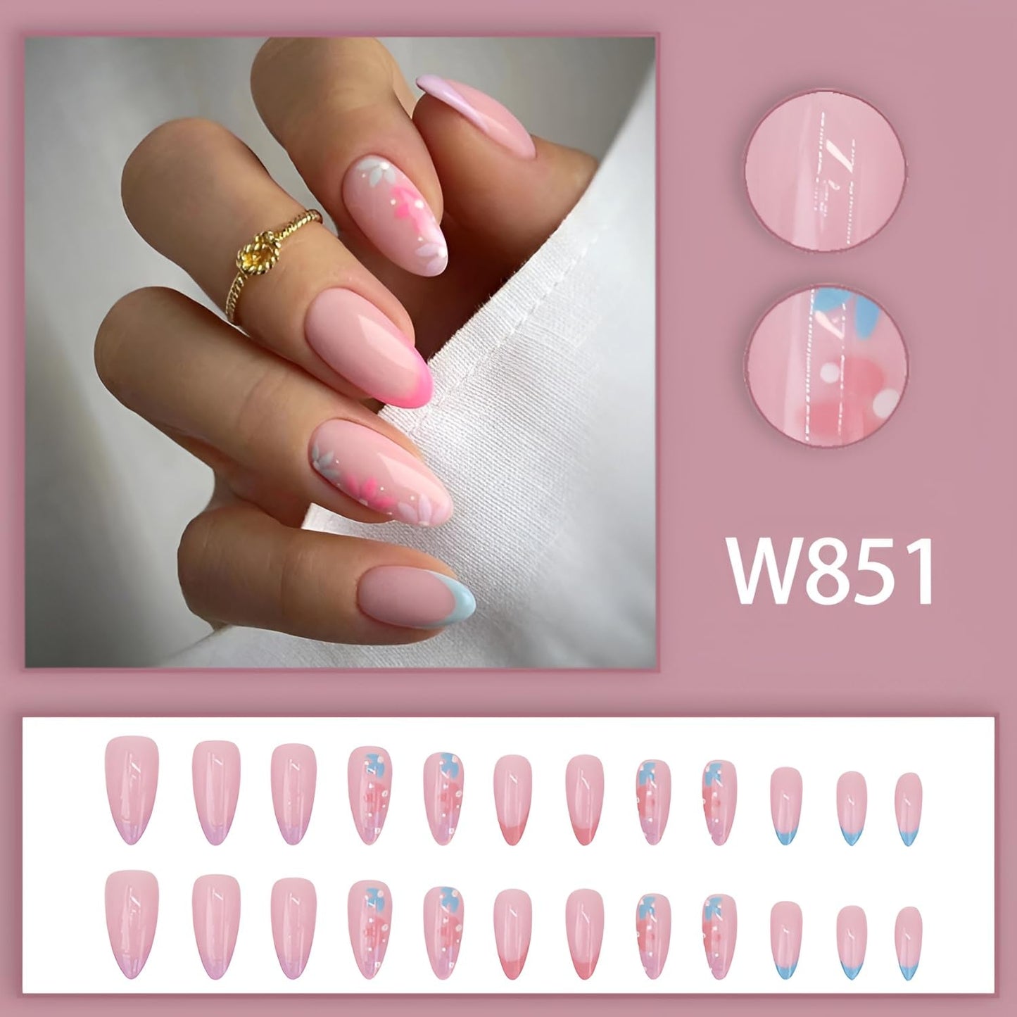 6 Packs（144Pcs）Flower Press on Nails Short Almond Fake Nails with Flower Design Summer Spring Nails Press ons Acrylic Nails Glossy Glue on Nails Full Cover Stick on Nails for Women Girls