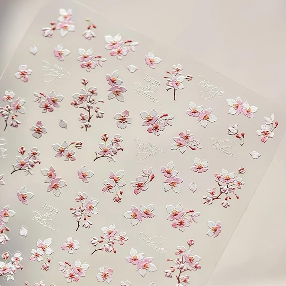 5D Embossed Flower Nail Stickers for Nail Art Designs 1PCS Cherry Blossoms Nail Decals Spring Summer Manicure Sliders Self-Adhesive Floral Supplies Pink Flower Nail Art Stickers for Nail Decoration