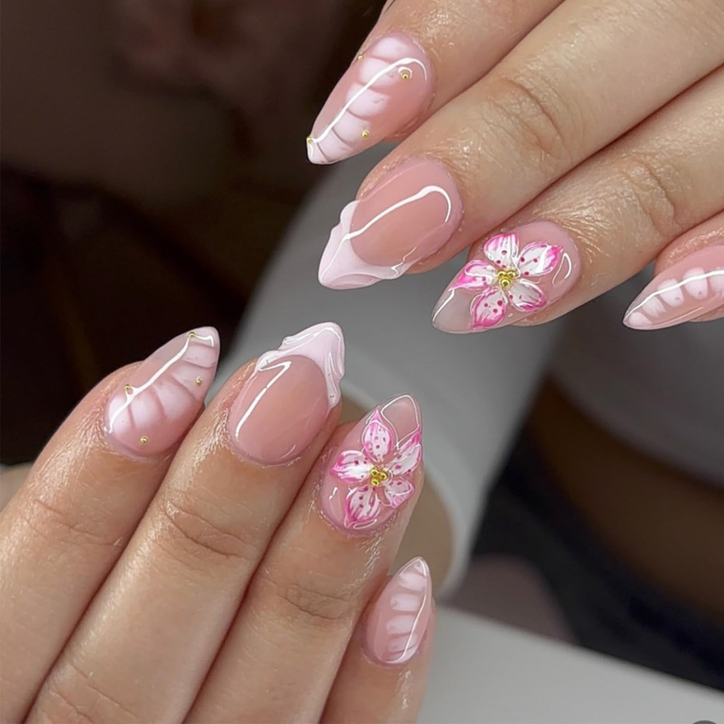 24Pcs French Tip Press on Nails Short Almond 3D Cherry Blossom Fake Nails Nude Pink False Nails with Gold Rhinestones Design Reusable Acrylic Glue on Nails for Women Wedding Party Daily DIY Manicure