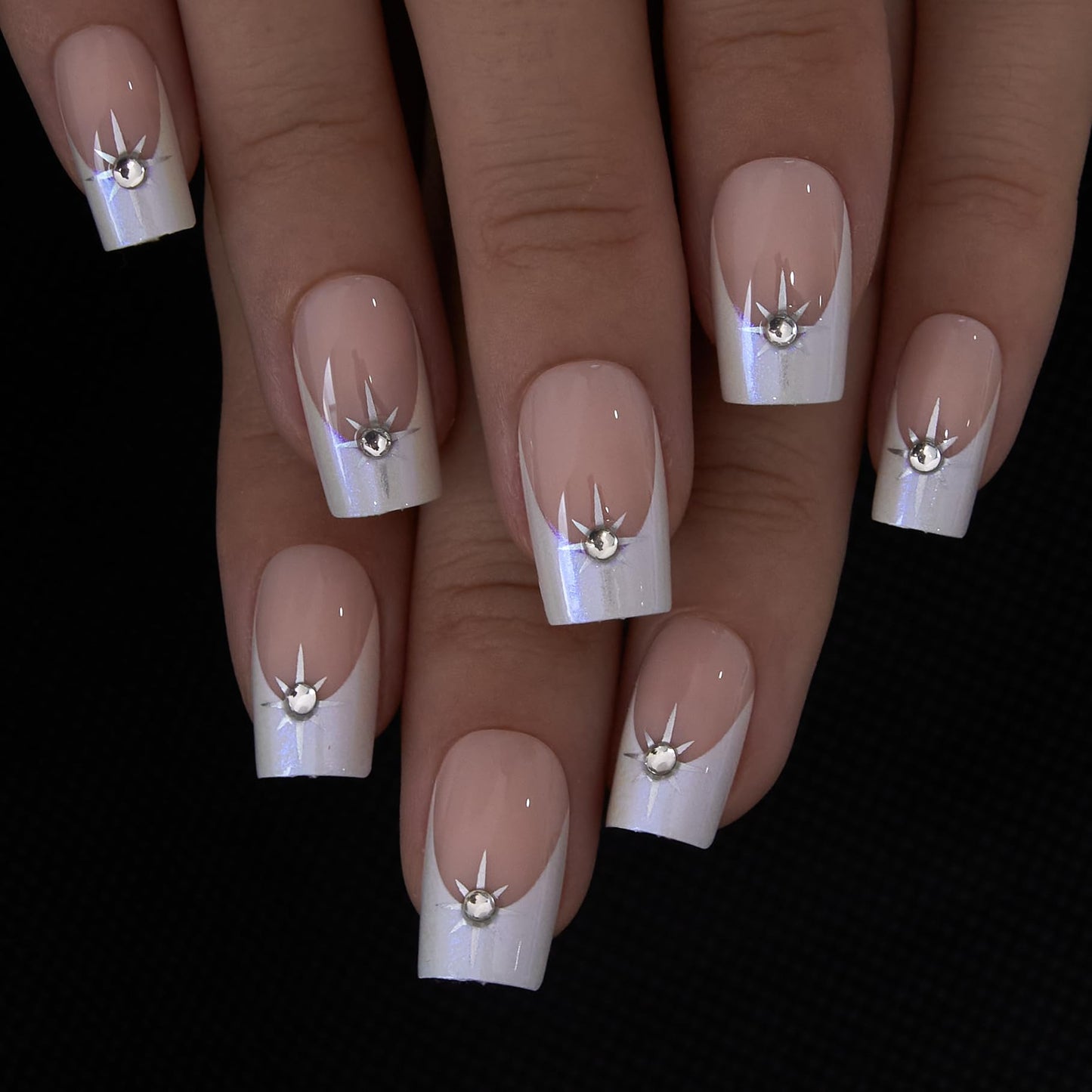 CurvLife Press On Nails – 30PCS Full Cover False Natural Fit Soft Gel Fake Nails Tips, Easy to Apply at Home Glue On False Nails Kit (Pearl French Rhinestones, Long)
