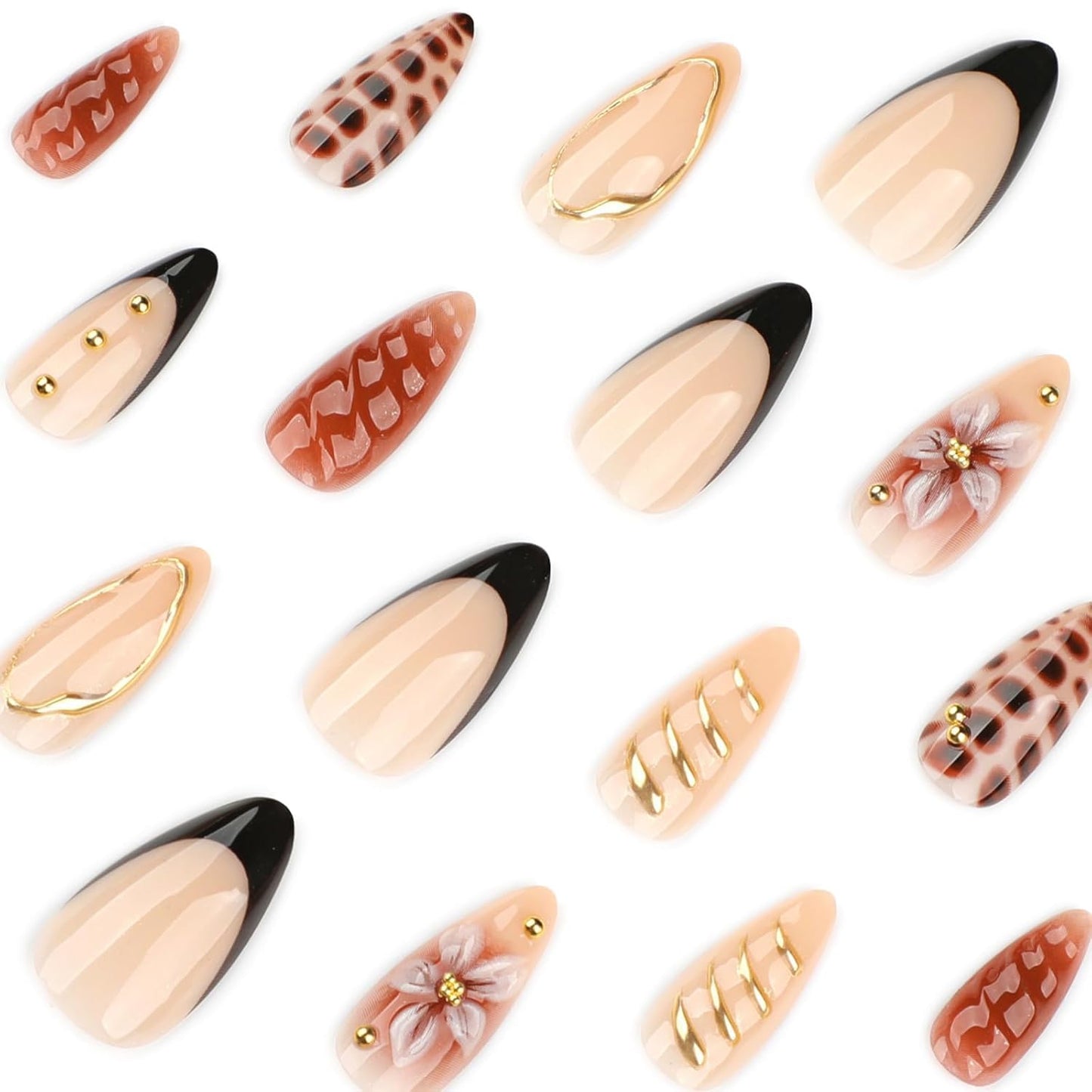 Brown Soft Gel Press On Nails Medium Almond Faken Nails with 3D Flower Designs Gold Edge Nails Press ons Snake Pattern False Nails Glossy Reusable Glue on Nails for Women Girls 24PCS