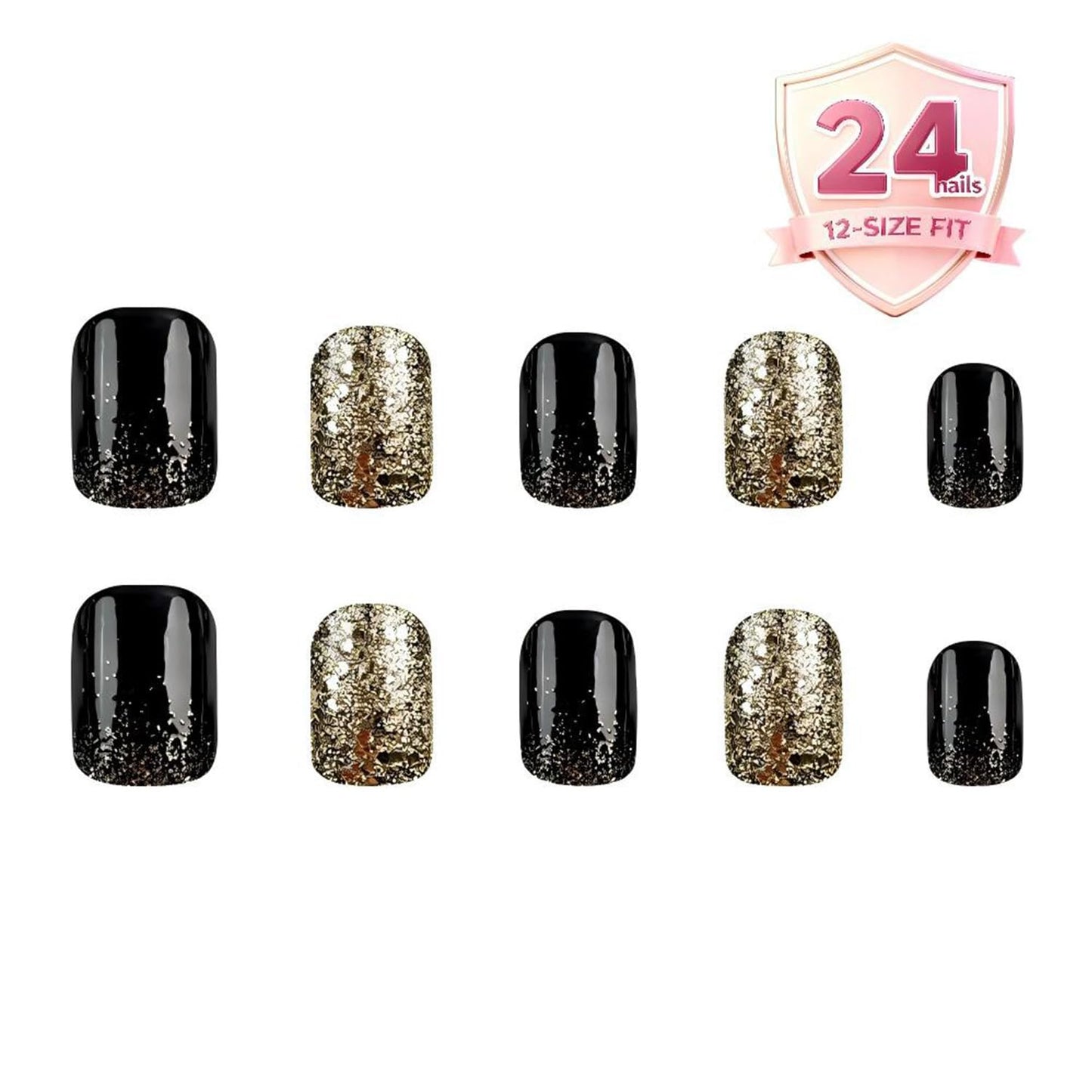 Taoyisent Black and Gold Glitter Press On Nails, Elegant Square False Nails with Sparkly Gradient Design, Easy to Apply Press On Nail Kit for Women, 24 Pcs