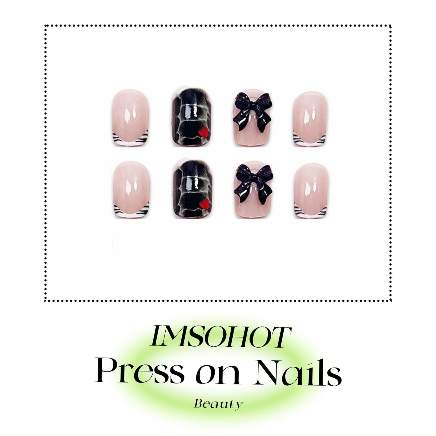 IMSOHOT Short Square Press on Nails with 3D Bow Charm Designs Black White French Tips Fake Nails Acrylic Full Cover Glossy False Nails Glue Stick on Nails for Women Girls 24Pcs
