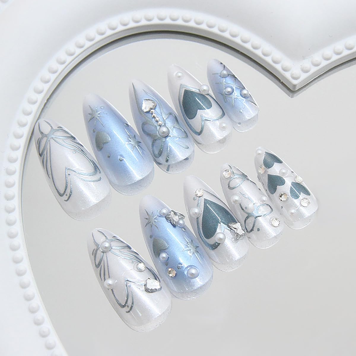 Blue Press on Nails Almond Fake Nails Silver Bow Heart with Rhinestone Design Star False Nail Pearl Stick on Nails Artificial Glossy Glue on Nail Full Cover Long Nail for Women Salon Manicure