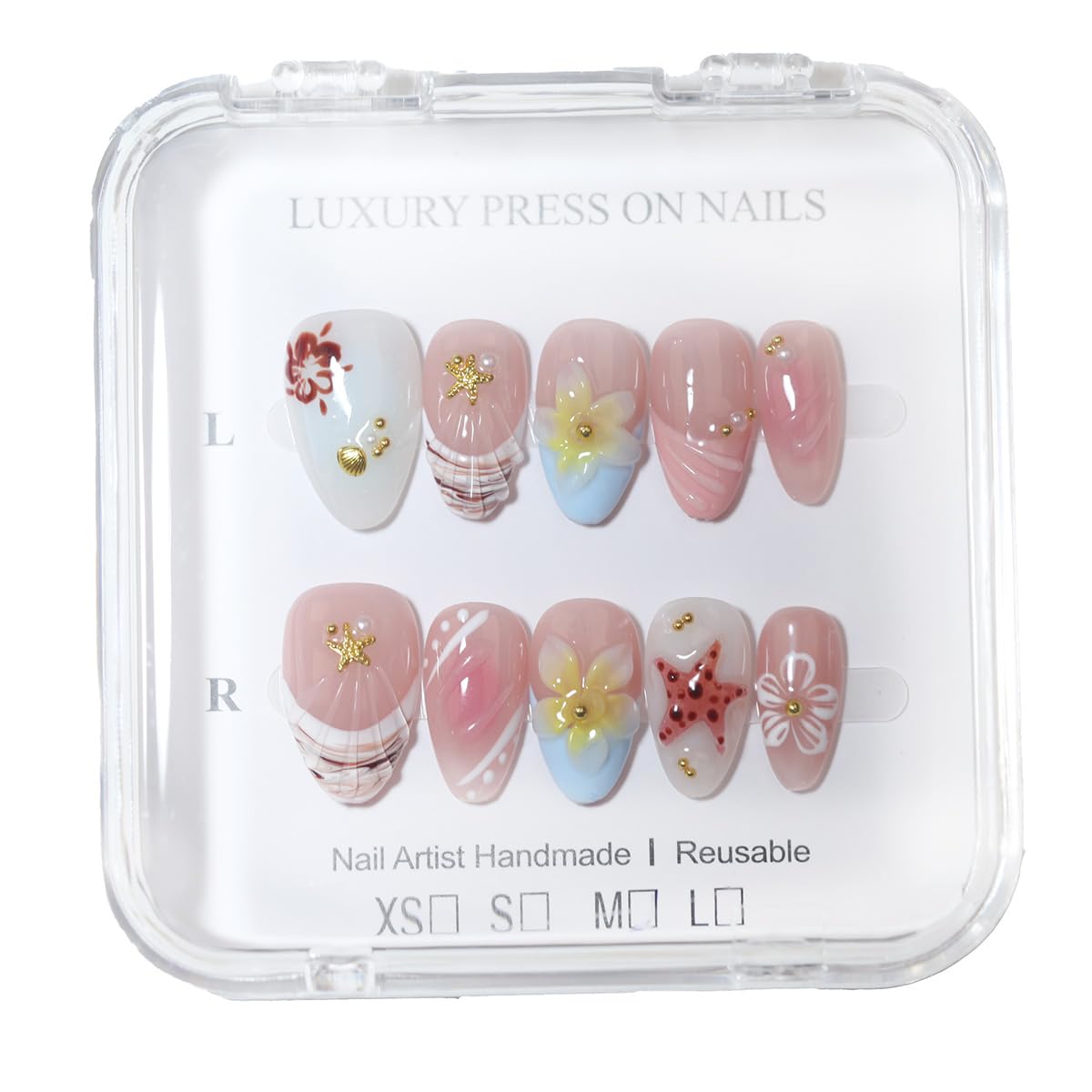 10Pcs Short Almond Handmade Press On Nails | Easy Apply & Remove, Reusable Salon Quality Nails | Fresh Nude Pink Fake Nails with 3D Floral, Starfish & Seashell Accents (RR08, M)