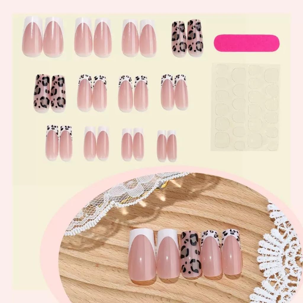 Medium Press on Nails Coffin - White French Tip Fake Nails with Leopard Print Design - Glossy Full Cover Stick on False Nails - for Women 24 Pcs