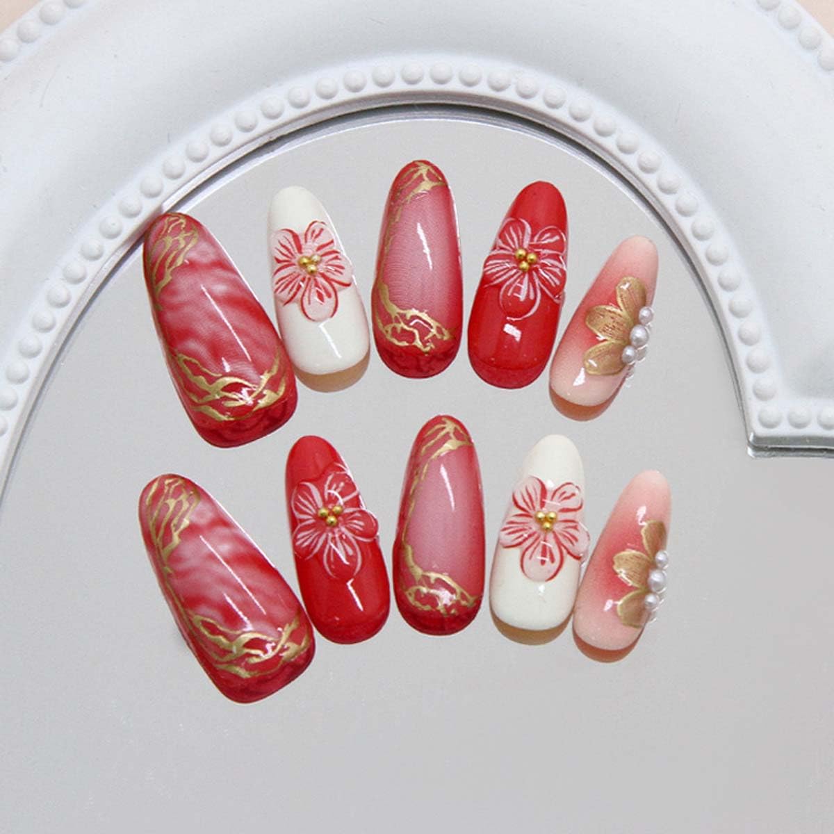 LINMEIZAI 24 Pcs Blossom Press on Nails Short Almond French Fake Nails Press ons Nail Tips Marble Glue on Nails Spring Acrylic Nail Kit with 3D Gold Trim Design False Nails Sticker Nail Art for Women