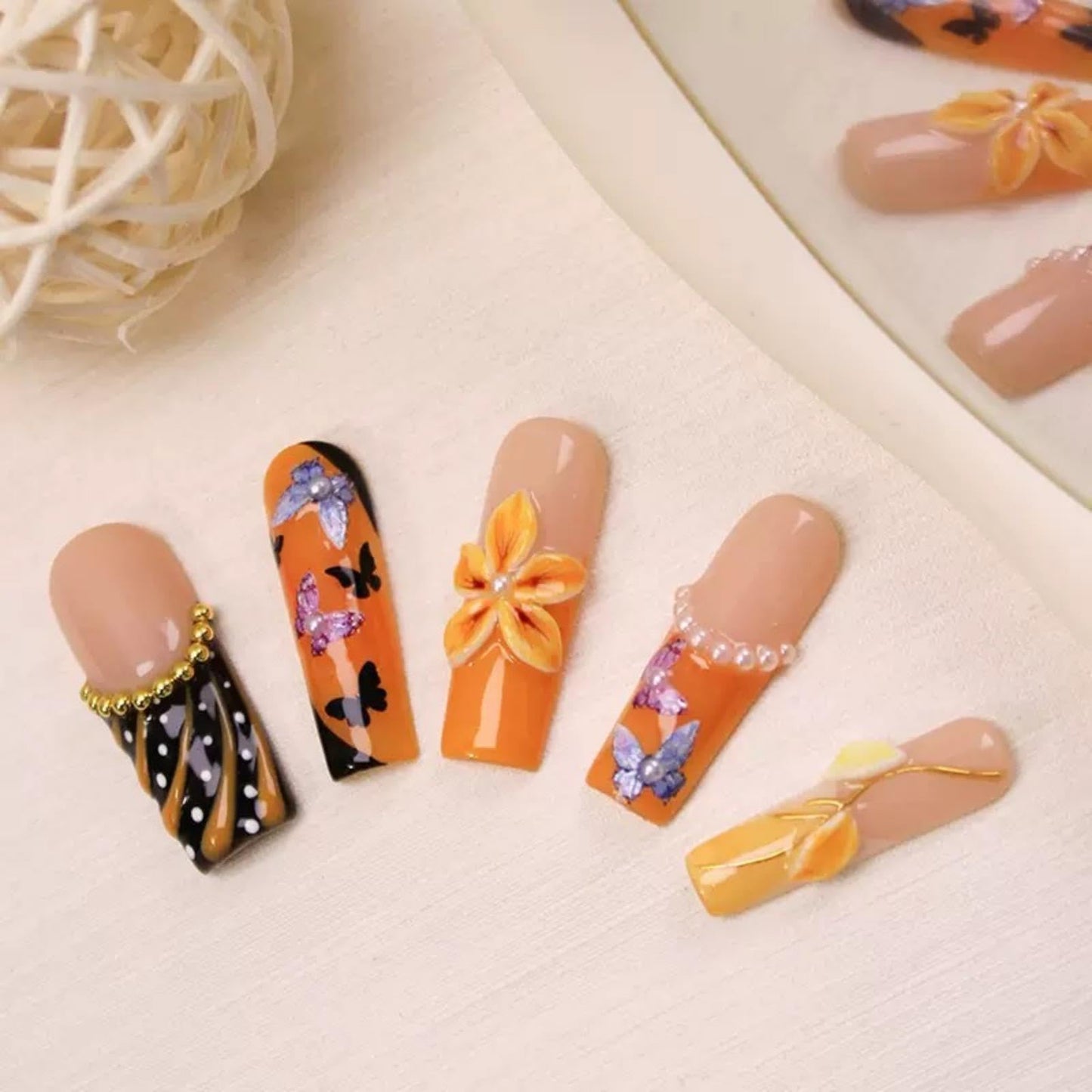 100% 5D Handmade Press on Nails with Charms Long Square Nails Press ons- French Tips False Nails Brown Flower Butterfly Pearl Charms Press on Nails for Women Girls Daily Wear DIY Manicure Size M