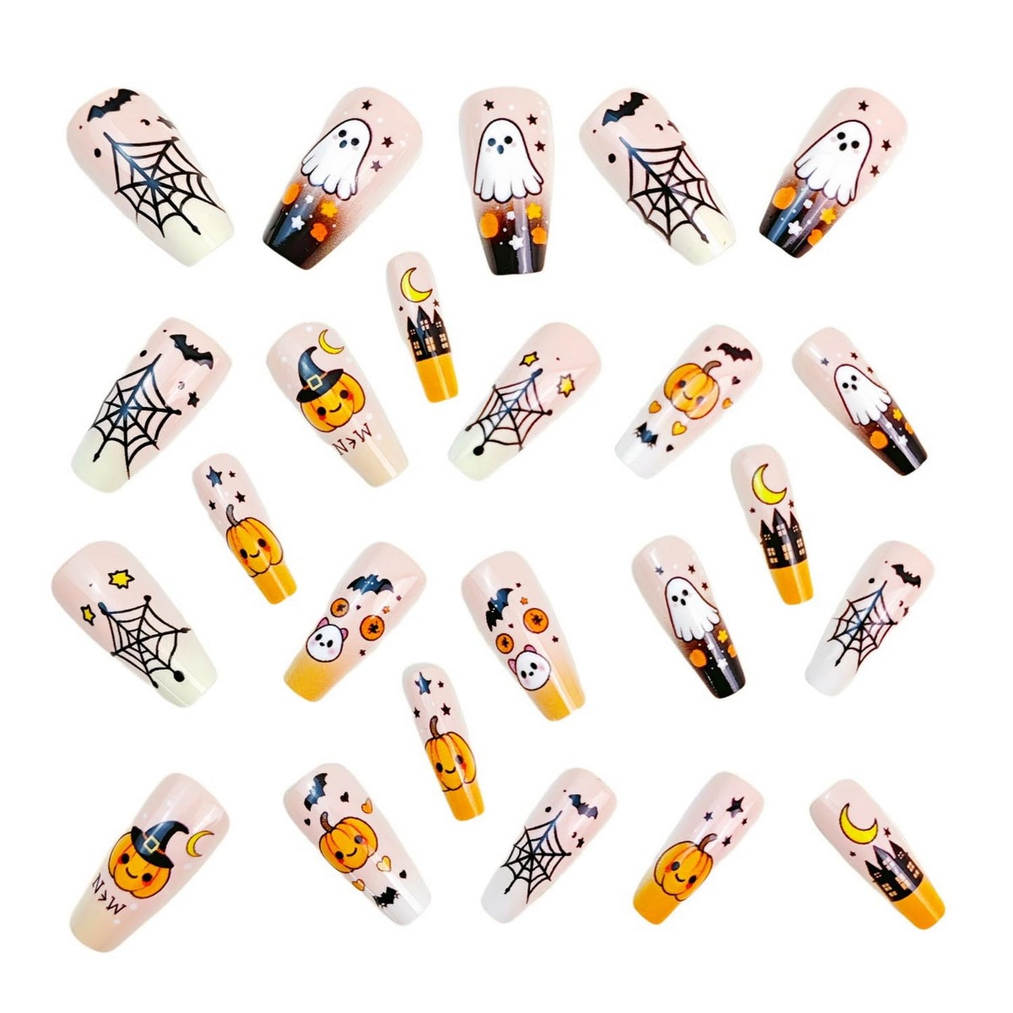 Halloween Press on Nails Full Cover Medium Coffin Fake Nails with Cute Ghost Pumpkin Stick on Nail Halloween Spider Web Bat Glue on Nail Glossy Acrylic Nails for Women Girls Manicure 24 Pcs