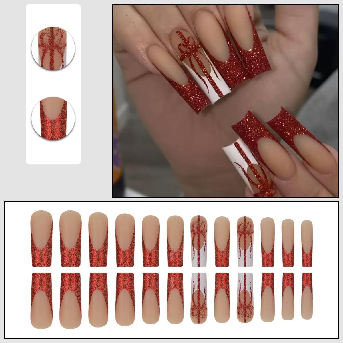 Long Press on Nails Square - Red French Tip Fake Nails with Bow Design - Glitter False Nails Press ons - for Women Manicure 24 Pcs