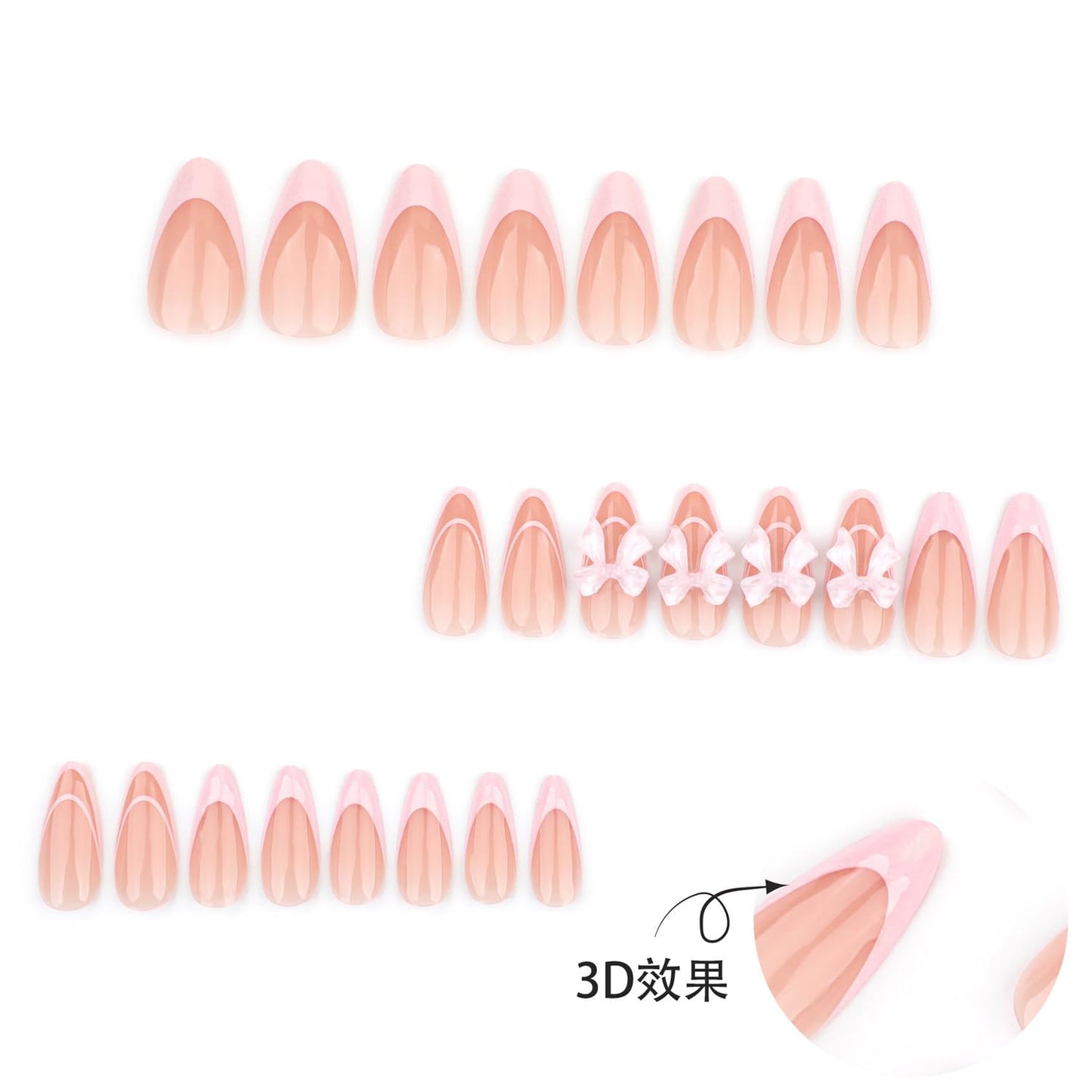 French Tip Press on Nails Medium Length 3D Bow Fake Nails French Nails Press ons Cute Bow Stick on Nails Almond Acrylic False Nails, Artificial Nails Finger Manicure for Women and Girls 24pcs