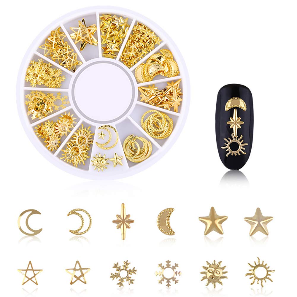 DANNEASY Gold Nail Studs Metal Nail Charms 3d Nail Art Charms Manicure Decoration Kit Star Moon Shell Cross Flower Nail Jewels with 1pc Curved Tweezers, Wax Pen (6 Wheels)