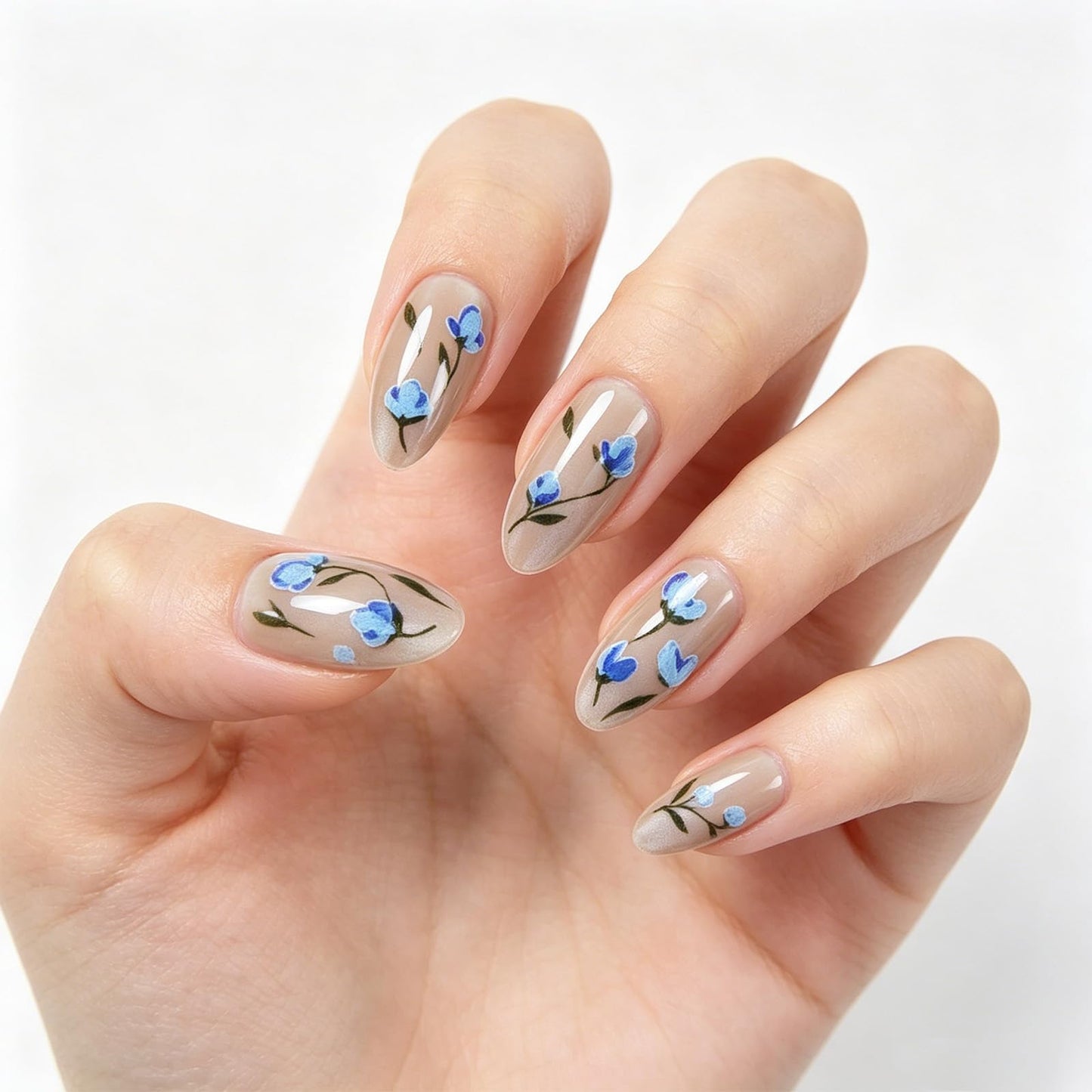 Press on Nails with Flower Design Floral Medium Almond False Nails Leaf Fake Nail Glossy Blue Glitter Glue on Nail Sparkly Stick on Fingernails for Women Sweet Daily Wear