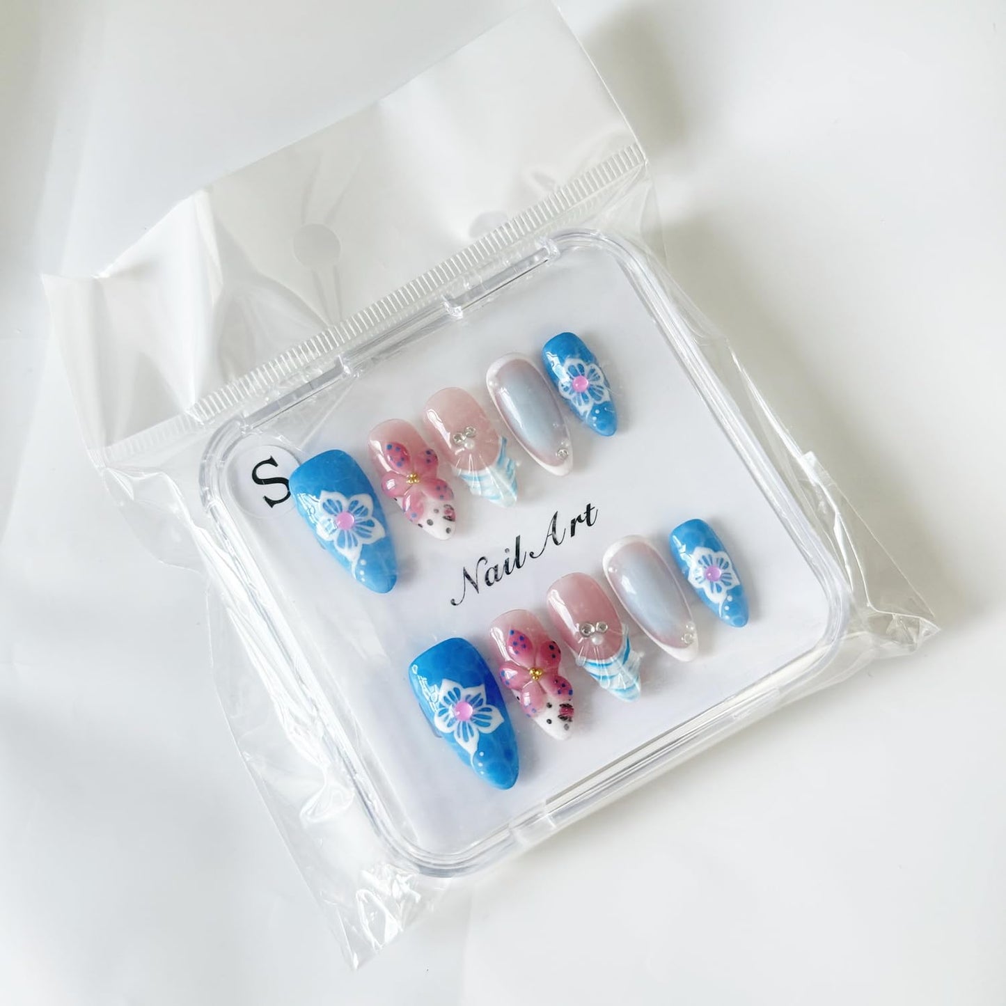 10PCS Handmade Press on Nails Medium Length Almond Fake Nails Full Cover Blue with Pearl Rhinestones designs Gel Stick on Nails French Tip Unique 3d Flower False Nails (S Size)