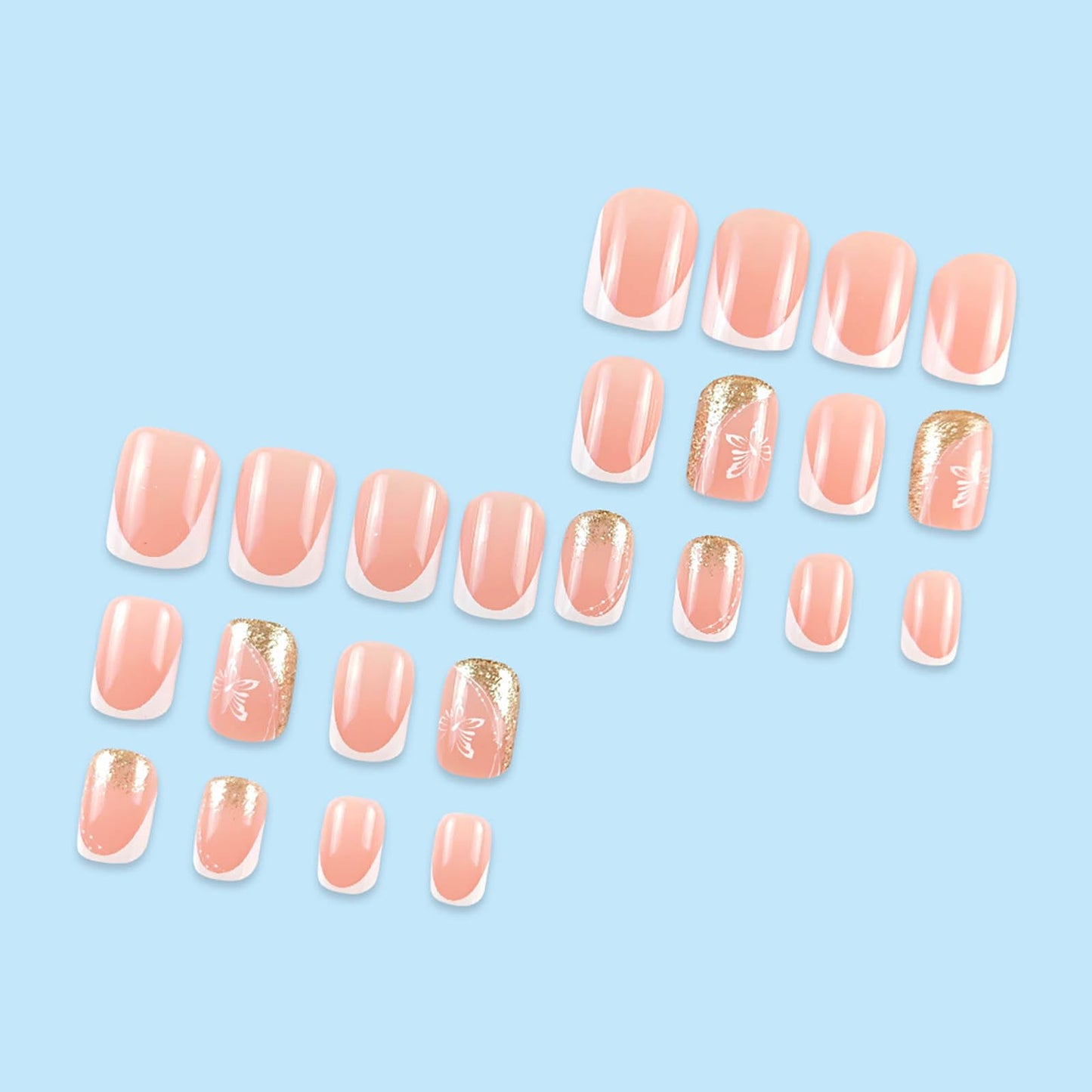 Short Press on Nails Square Fake Nails Pink Nails Press ons French Tip False Nails Glitter Glue on Nail with Butterfly Designs Acrylic Glossy Full Cover Stick on Nail for Women Manicure