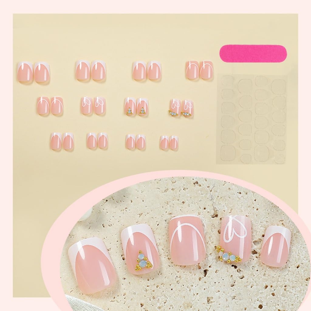 CTTHNBD Press on Nails Square - Short Fake Nails with White Heart Design - French Tip Stick on False Nails - for Women 24 Pcs