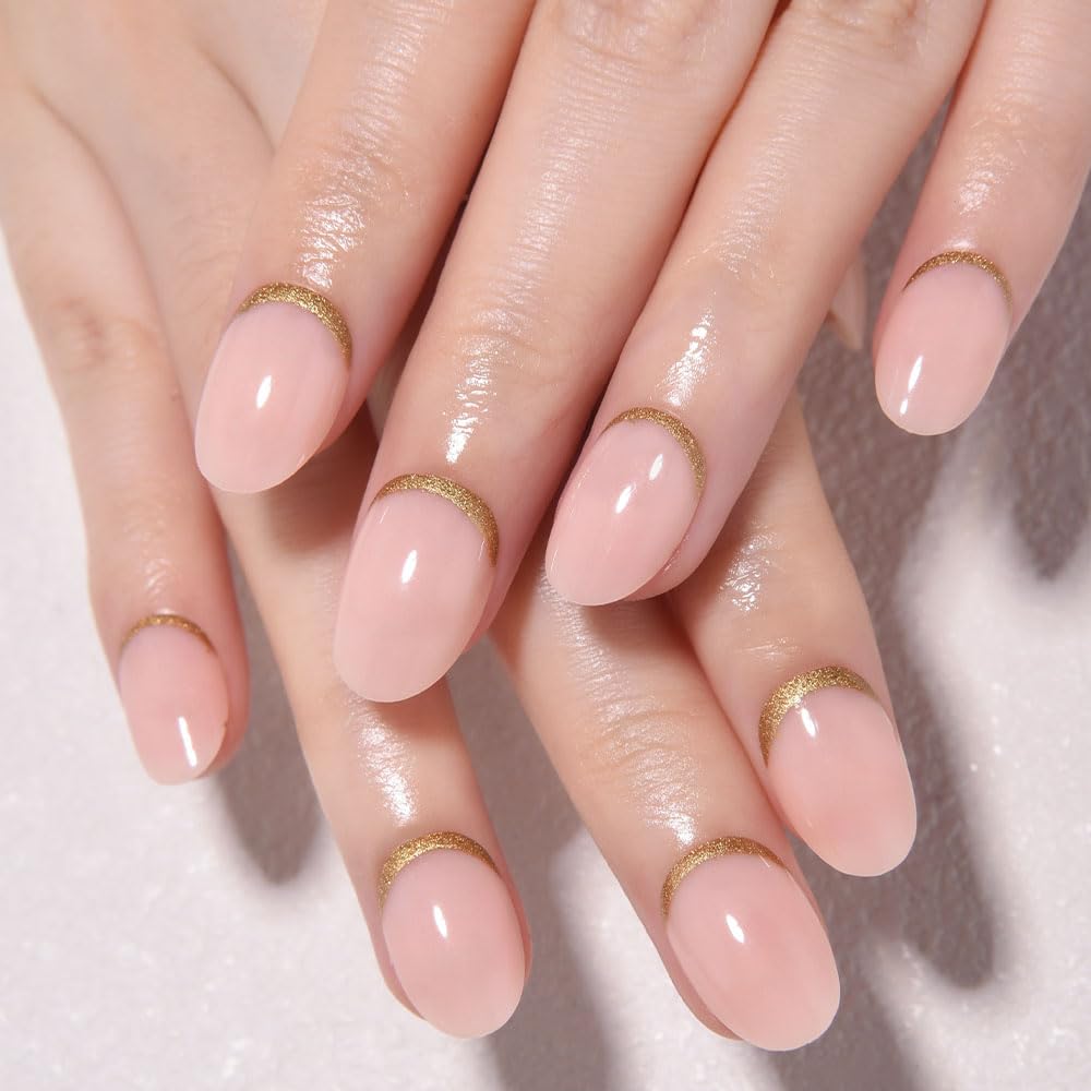 evpct Nude Pink French Press on Nails Short Oval, Short Gold Foil Stick on Nails for Women Gift,Nude Pink Glossy Fake Nail Reusable Soft Gel Press on Acrylic Fake Nail kit with Gold Line Design