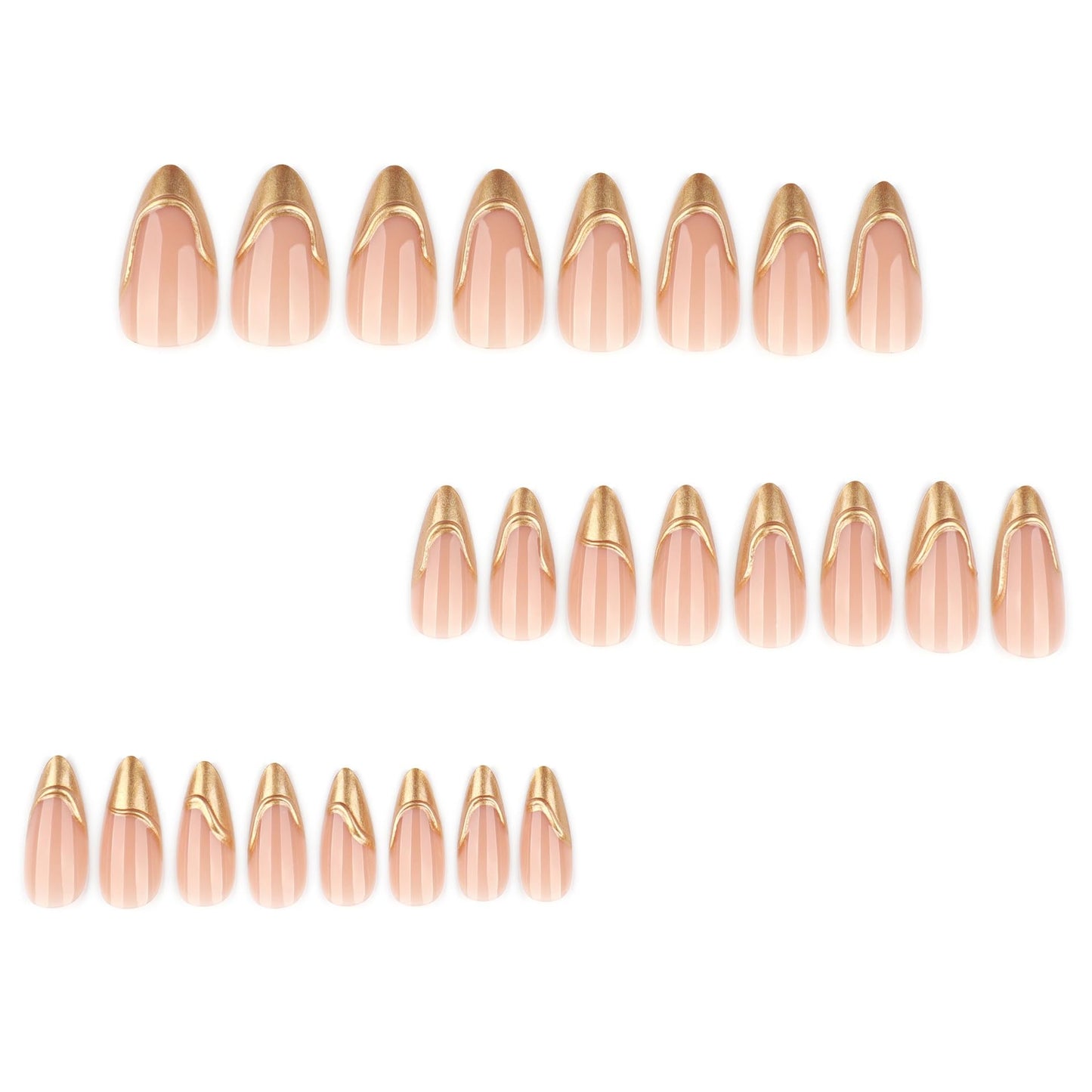 Medium Press on Nails Almond - Gold Fake Nails with 3D Design - French Tip False Nails Press ons - for Women 24 Pcs