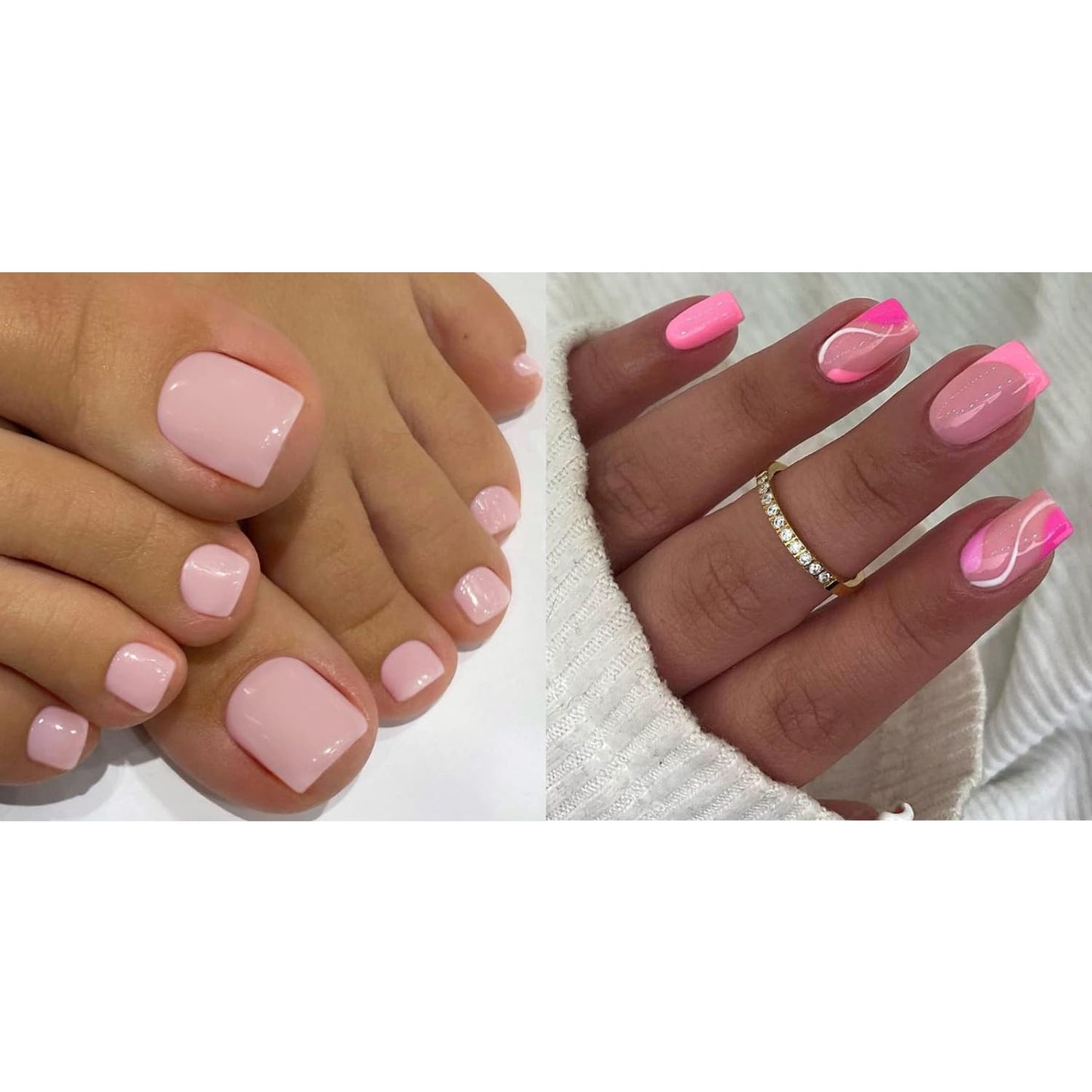 KXAMELIE Baby Pink Press on Toes Short Square &Hot Pink Swirls Press on Nails Short Square For Beach Party Daily Decoration in 48 PCS