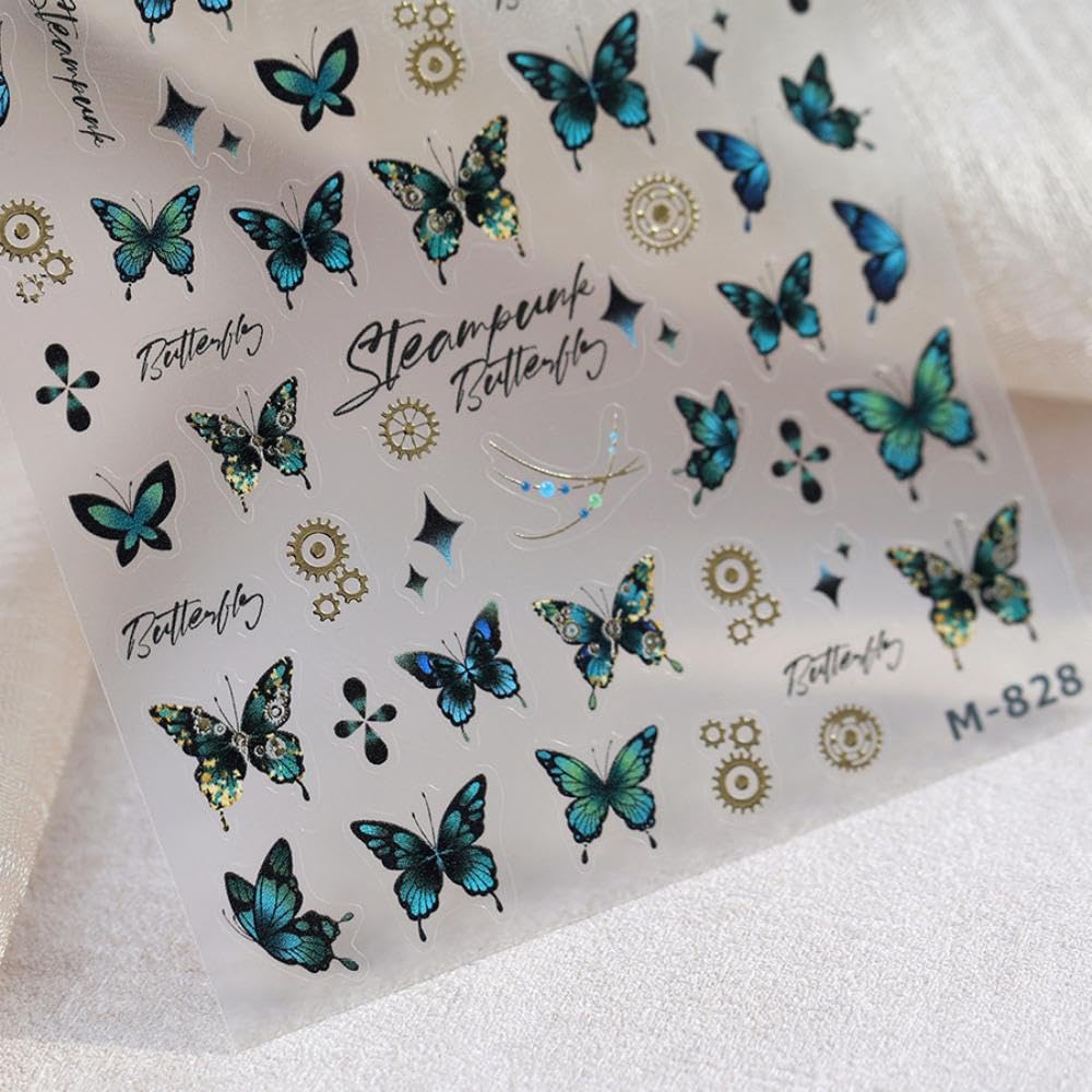 Green Butterfly Nail Stickers 5D Embossed Flower Nail Art Stickers Starlight Nail Decals 3D Self-Adhesive Spring Nail Supplies Summer Nails Decoration Accessories for Women Girls Manicure 1 Sheet