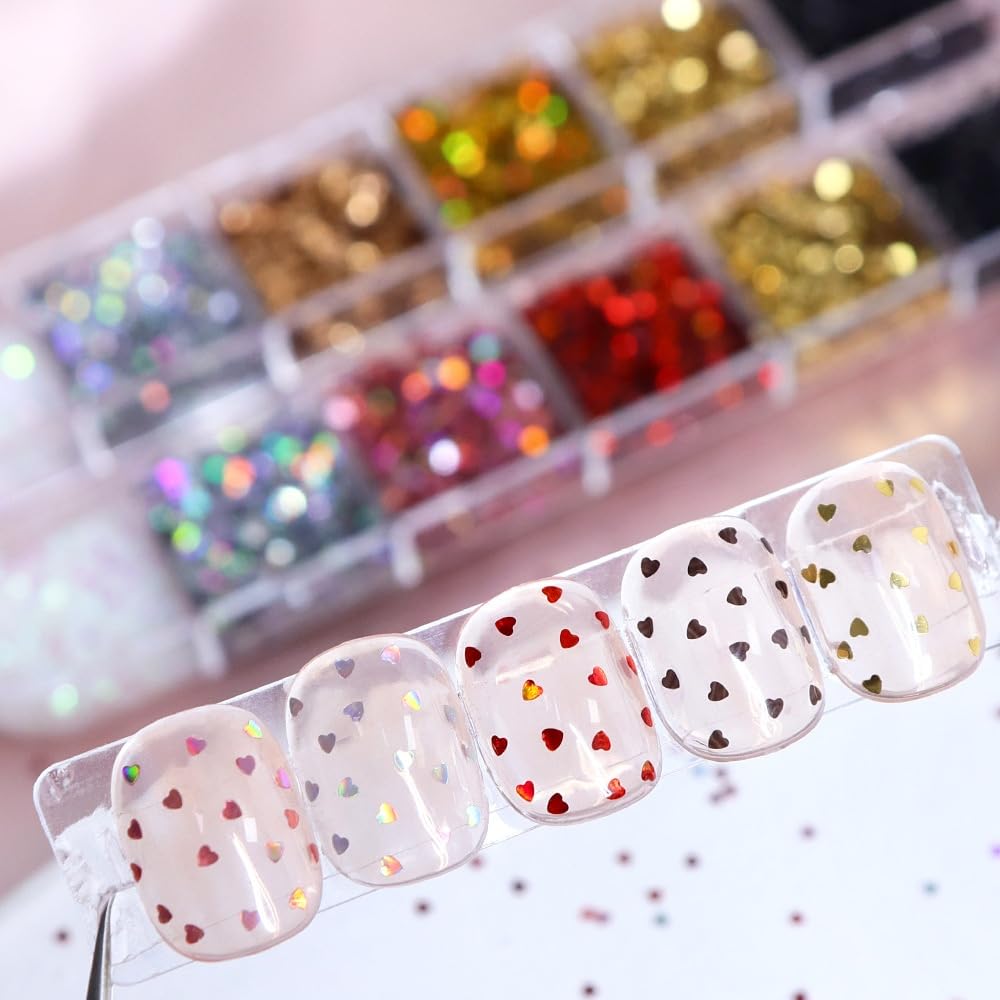 1 Box 12 Color Holographic Hearts Star Nail Glitter Tiny Heart Nail Sequins 3D Red Gold Nail Flakes Sparkly Powder Flakes Shiny Nail Glitter Valentine's Day Nail Sequins Glitter for Nails Art 12 Grids