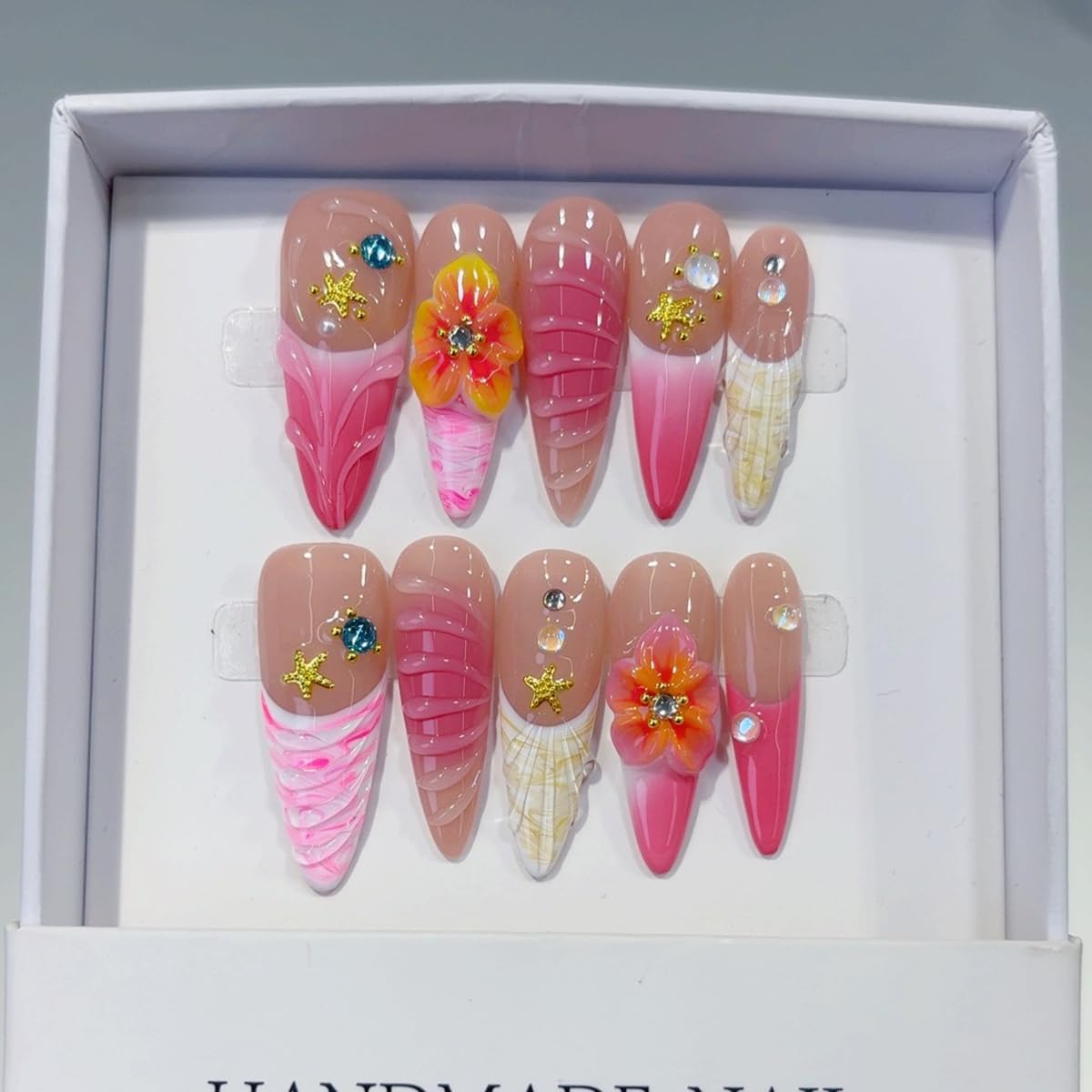 Handmade Press on Nails Long Stiletto False Nails Pink French Tip Fake Nails with 3D Flower Beach Designs Sparkly Charm luxury Artificial Nails for Women 10Pcs (Size M）