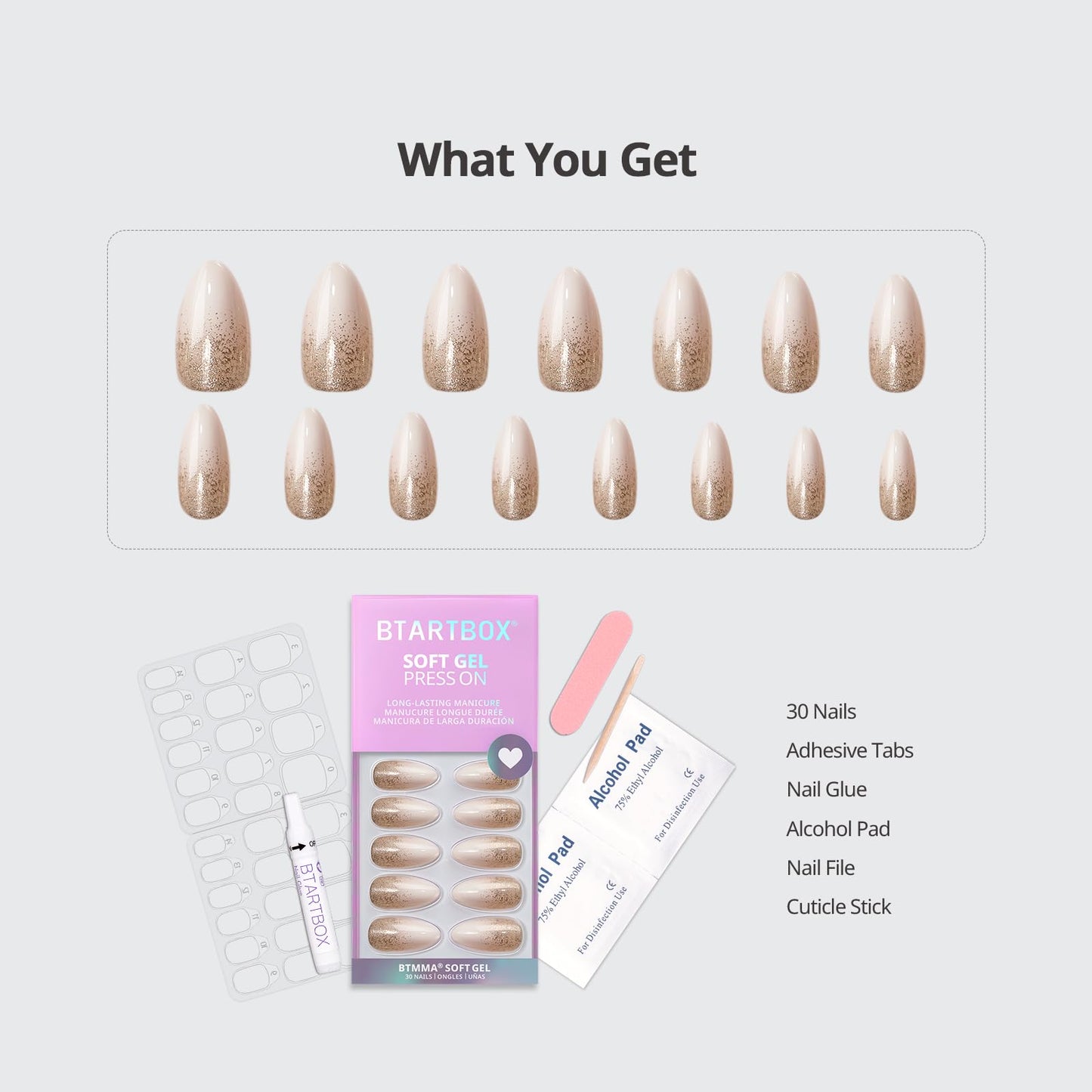 BTArtbox Press On Nails Almond - Champagne Frost, Medium Sparkle Press On Nails with Glue and Adhesive Tabs for Women in 15 Sizes - 30 Soft Gel Glue On Nails Kit