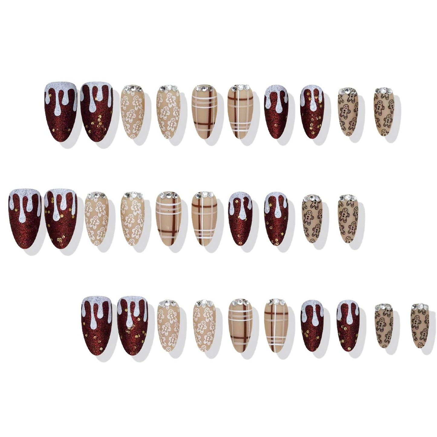 30Pcs Christmas Press on Nails Almond Fake Nails 3D Rhinestones Glitter Design Coffee-colored Striped Snowman Press on Xmas False Nails Cute Gingerbread Stick on Brown Plaid DIY Nails for Women