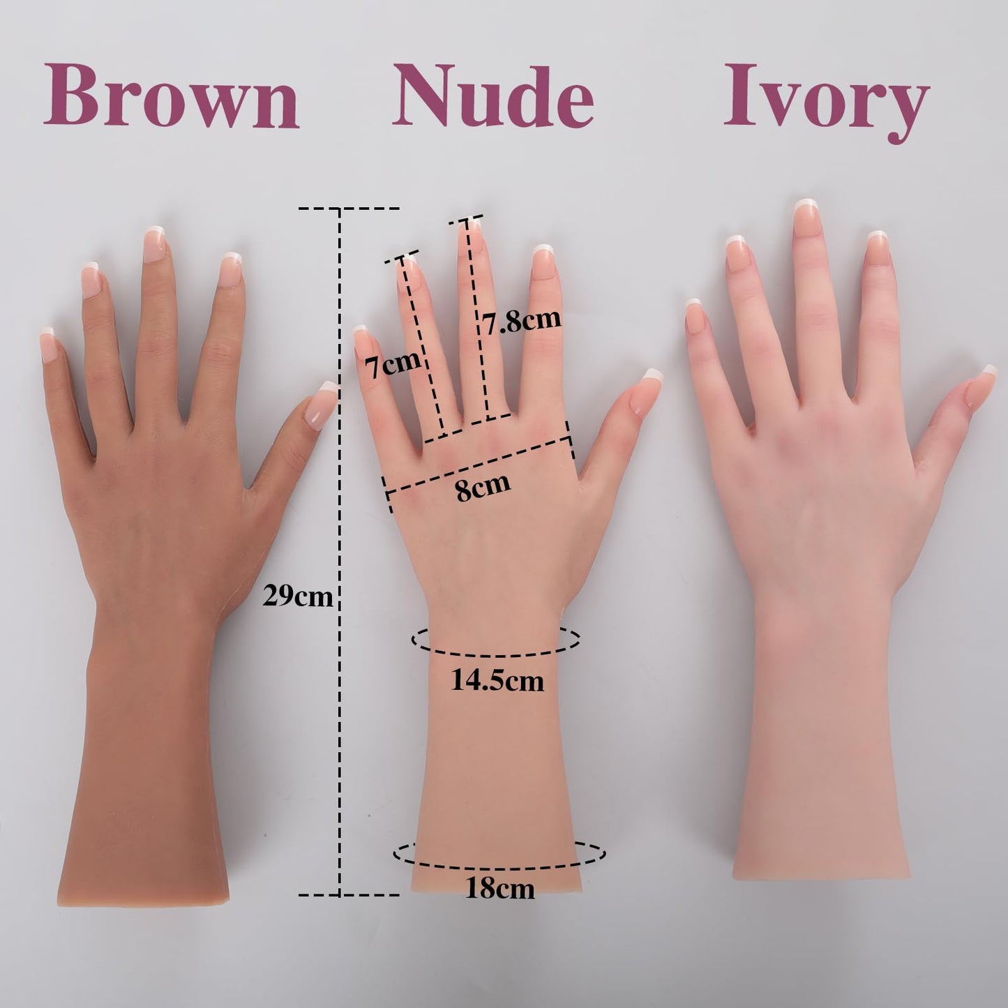 MOTLEYBEAN Realistic Silicone Female Hand Life Size Female Model Hand for Showing Jewelry Pranksters Halloween Props Photography Props（Brown,Left Hand-Without Skeleton）
