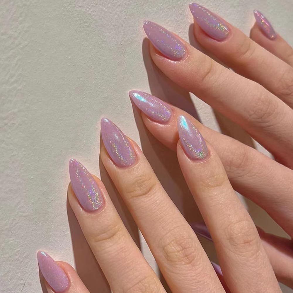 Glitter Pink Press on Nails Medium Stiletto Almond,KQueenest Pure Color Acrylic Nails Kit Reusable Fake Nails Feature Protective UV Coating for Women Nail Art Manicure in 24PCS