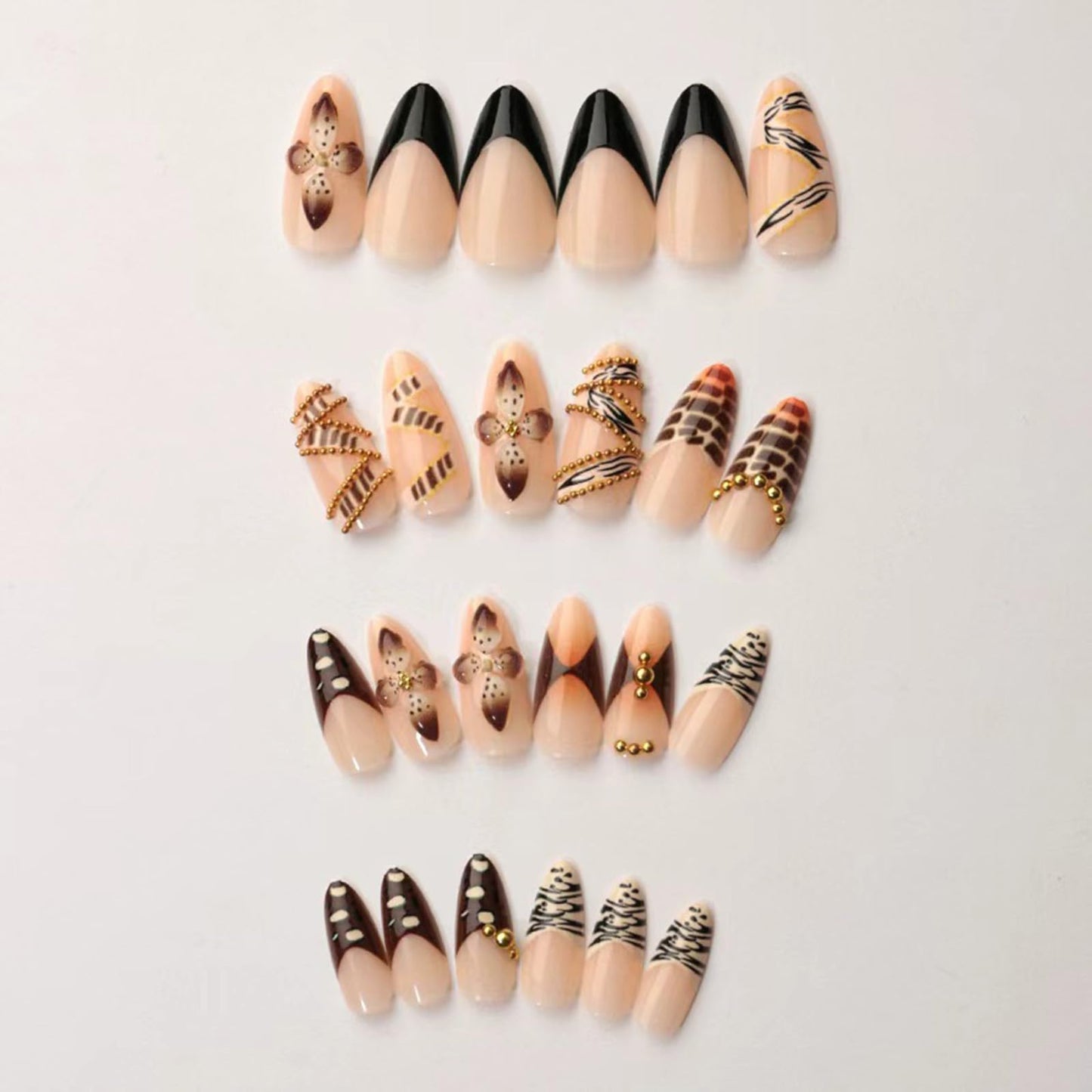 SINHOT Press on Nails - Medium Almond Fake Nails, Glossy Finish, Zebra Stripes & 3D Flower, DIY Artificial False Nail Art - 24 Pcs Nail Kit with Glue