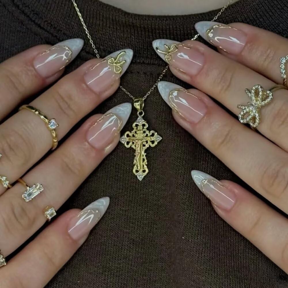 MAGLFELL Press On Nails Almond Shape Hnadmade Fake Nails, Acrylic Nails Cute Bow French Reusable Artificial Almond False Nails for Women (Size M)