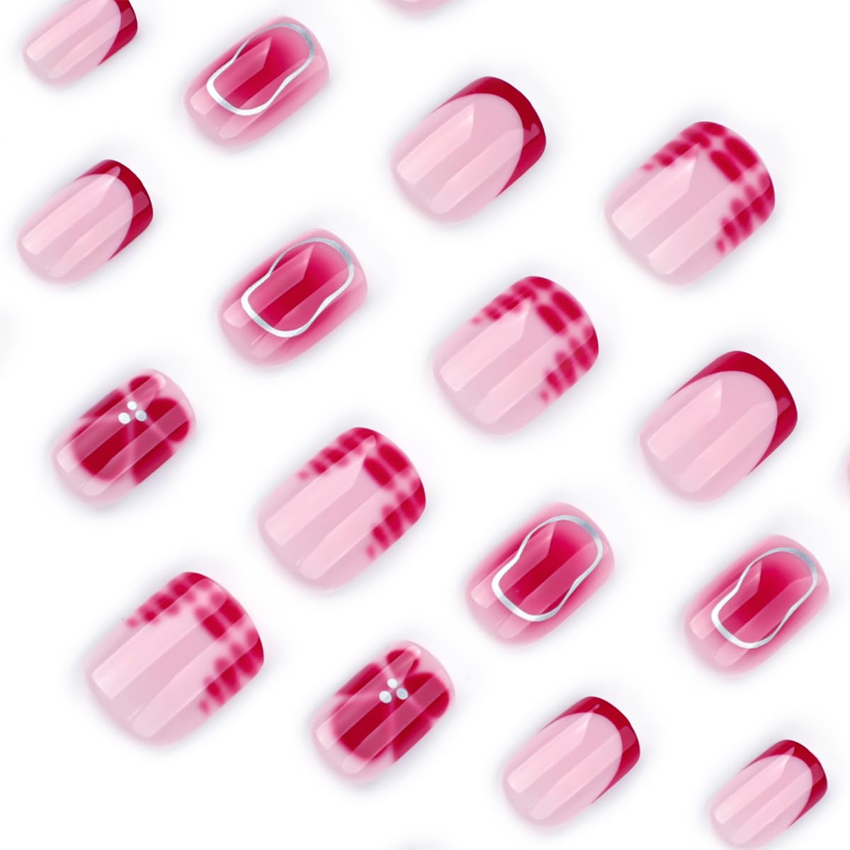 Mivota Short Square Press on Nails with Red Flower Designs Of Silver Lines Fake Nails Nude Acrylic Press ons Nails Full Cover Stick on Nails Reusable for Women Manicure Kit 24 Pcs