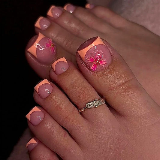 PEPFTG French Tip Press on Toenails Short Square Fake Toenails with Flower Design Stick on Nails Pink Toe Nail Press Ons Glossy Summer Acrylic Glue on Toenail for Women Manicure 24Pcs