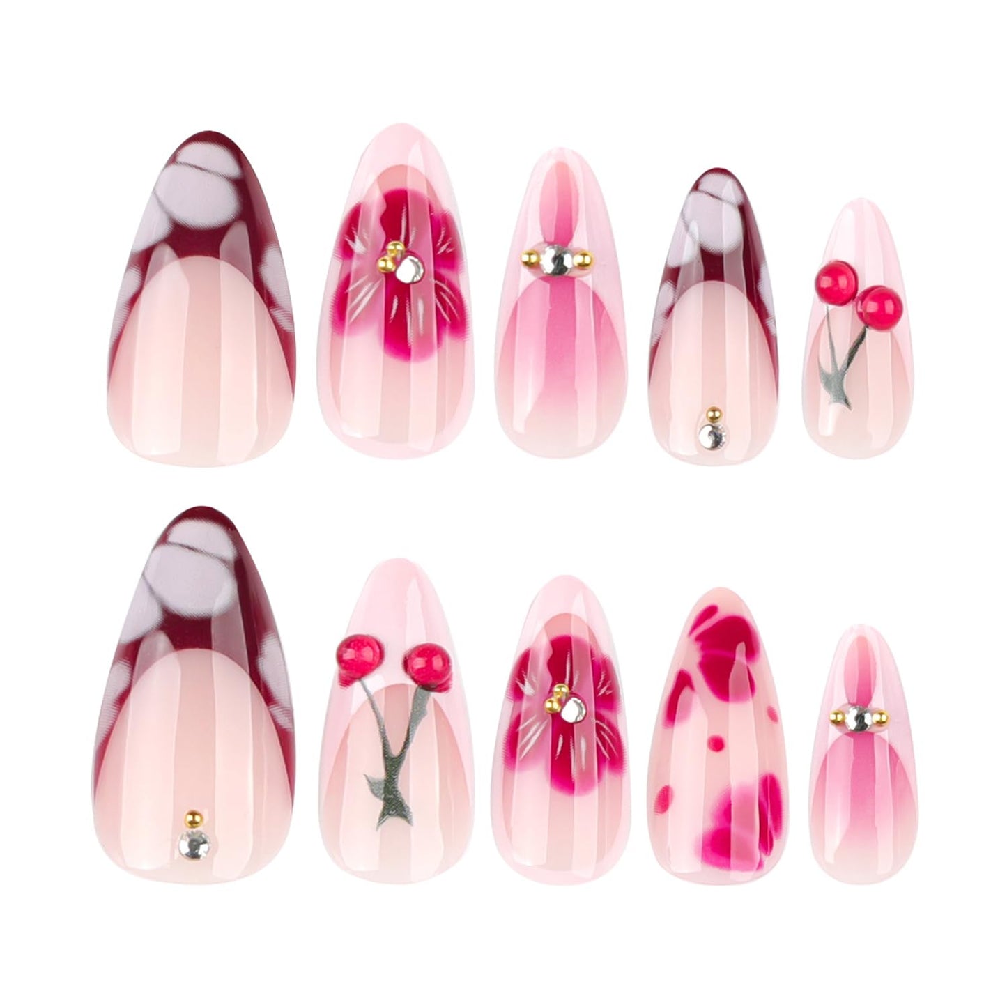Taoyisent 3D Cherry Blossom Press On Nails, Rhinestone Floral Design Pink and Red Almond False Nails, Glossy Long Stick On Nails for Women, 24Pcs 3D Nail Kit