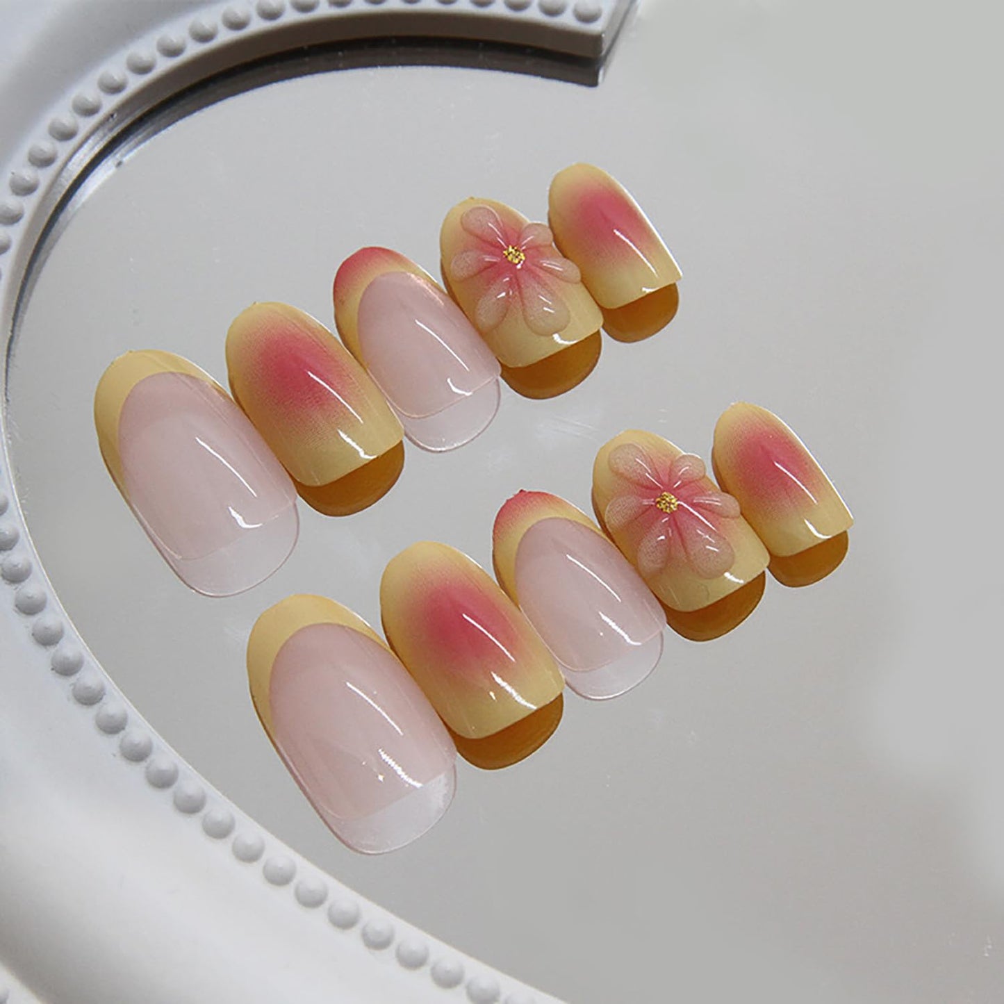 24Pcs Yellow French Tip Press on Nails Short Almond Fake Nails with 3D Flower Glue on Nails Gradient False Nails Summer Acrylic Nail Full Cover Floral Stick on Nail for Women Nail Art Designs